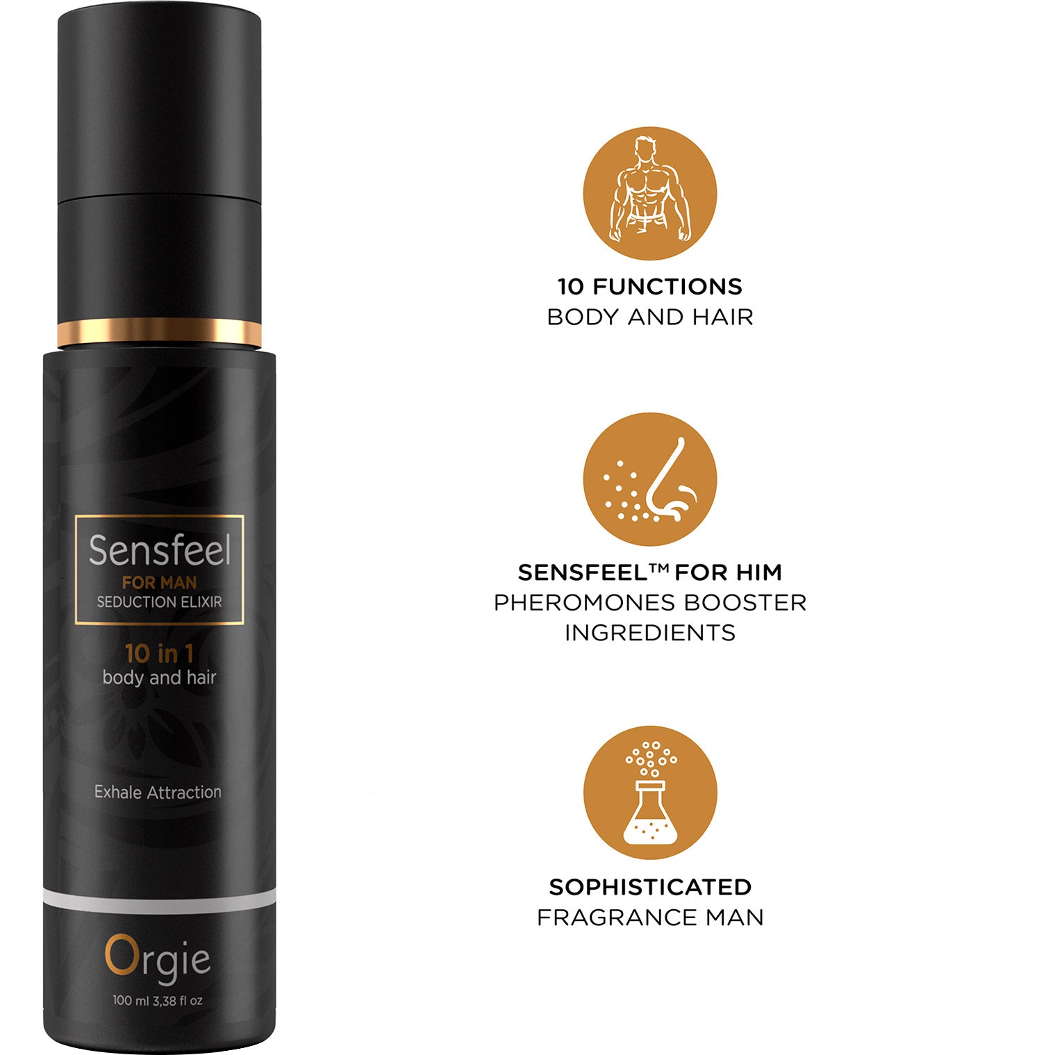 Black bottle of Sensfeel for Him Seduction Elixir with features listed on a white background