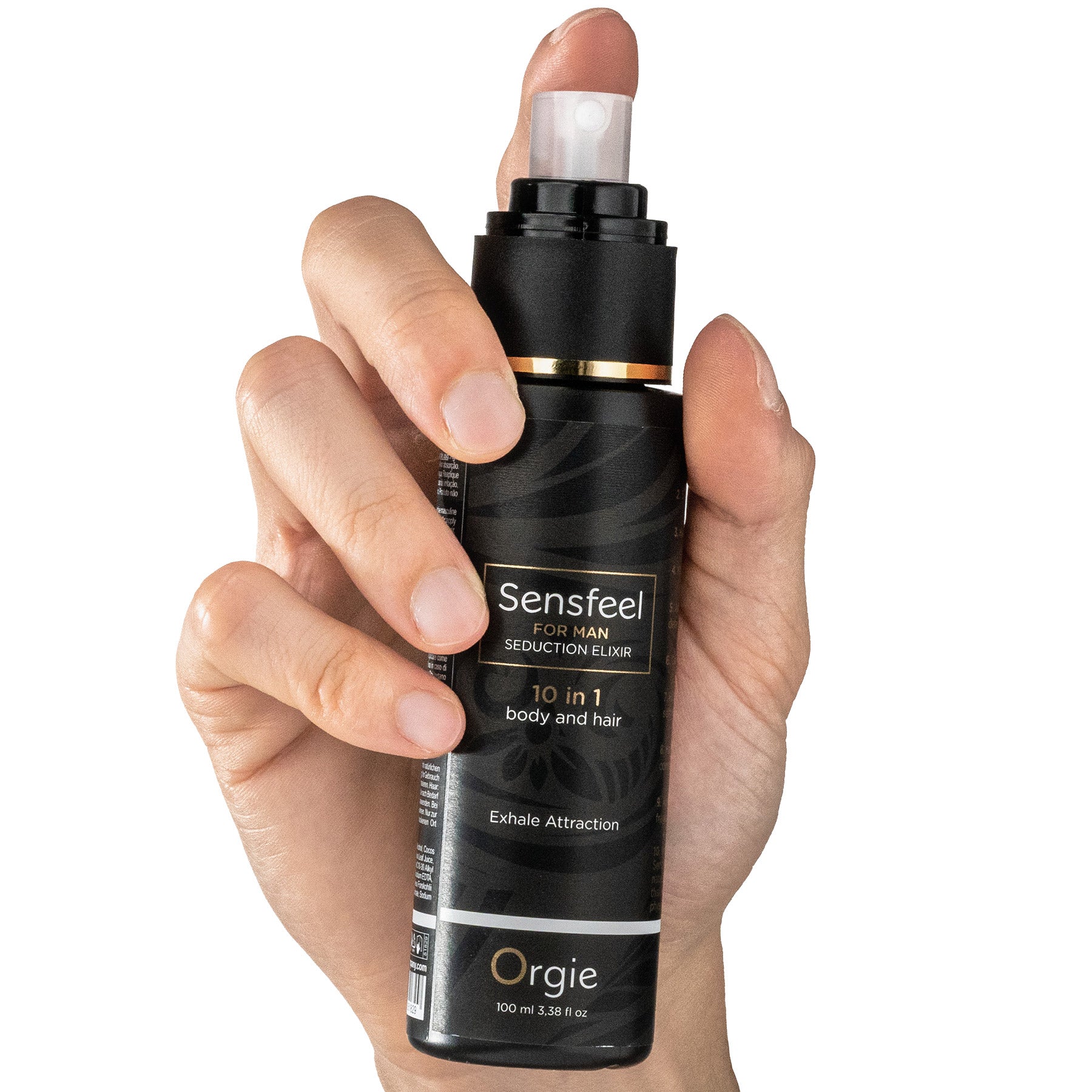 Hand holding a black bottle labeled 'Sensfeel' by Orgie on a white background