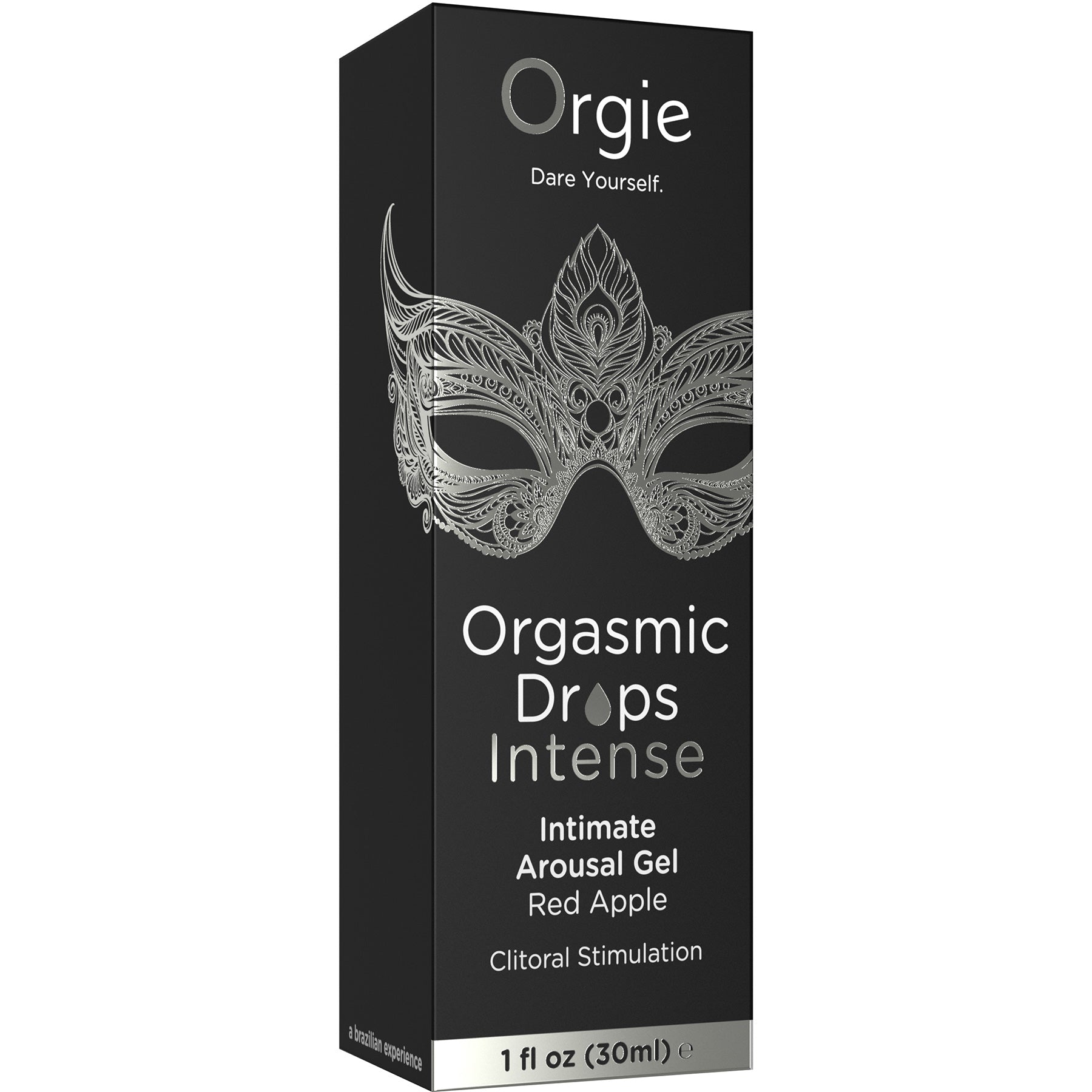 Box of Orgie Orgasmic Drops Intense intimate arousal gel with a decorative mask on a black background.