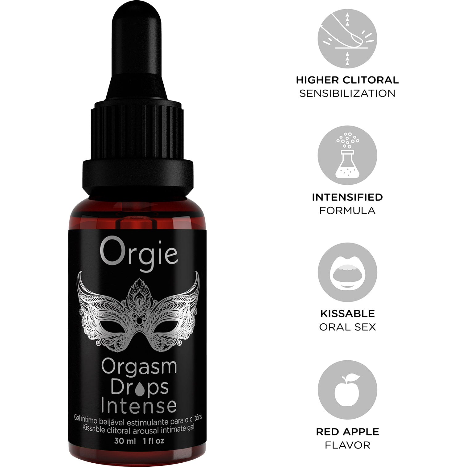 Orgie Orgasm Drops Intense bottle with features listed on a white background
