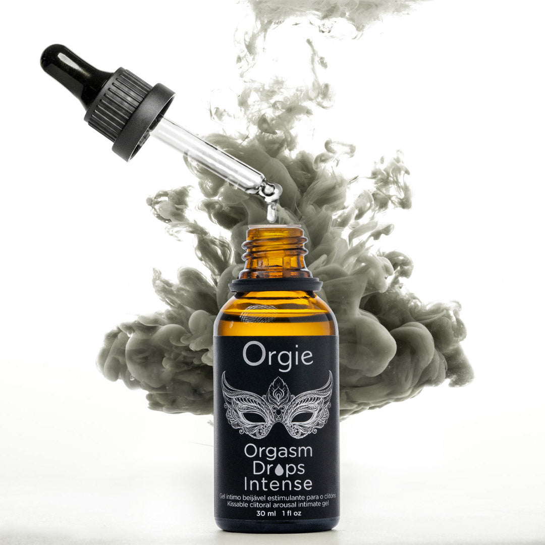 Bottle of Orgie Orgasm Drops Intense with dropper on a white background