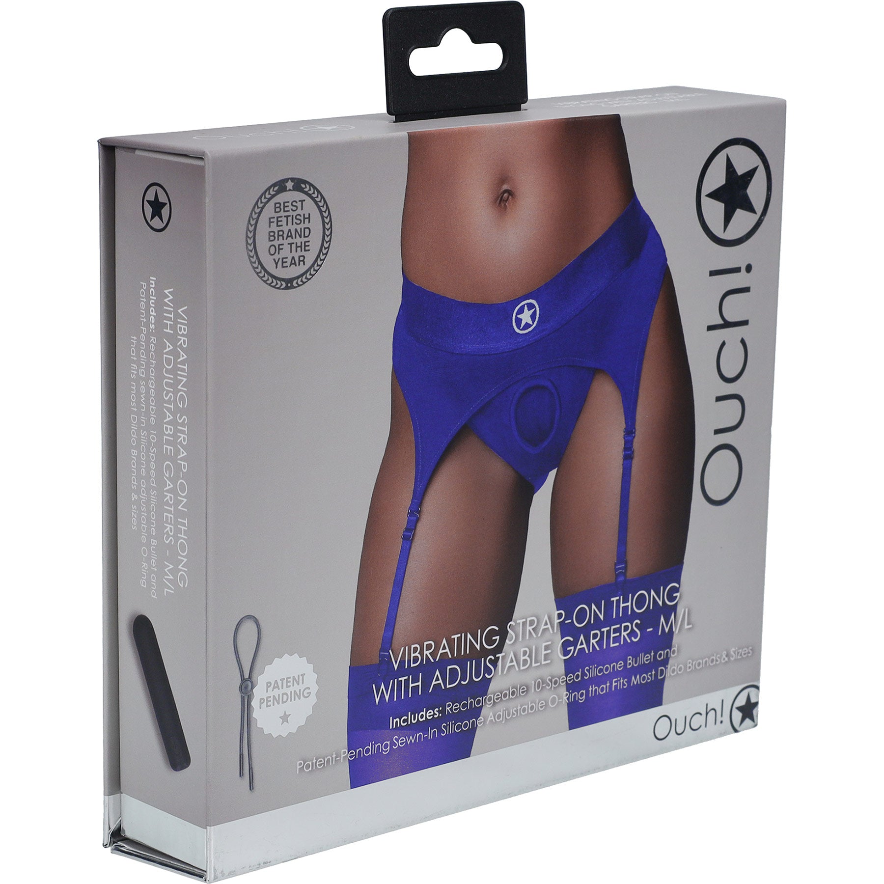 Ouch! Vibrating Strap-On Thong With Adjustable Garters - Front Of Package - Blue