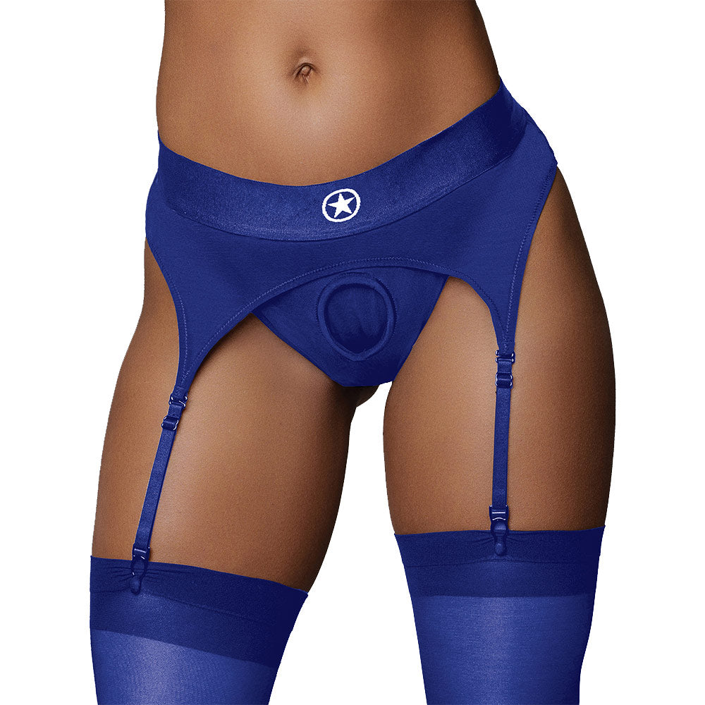 Ouch! Vibrating Strap-On Thong With Adjustable Garters - Blue