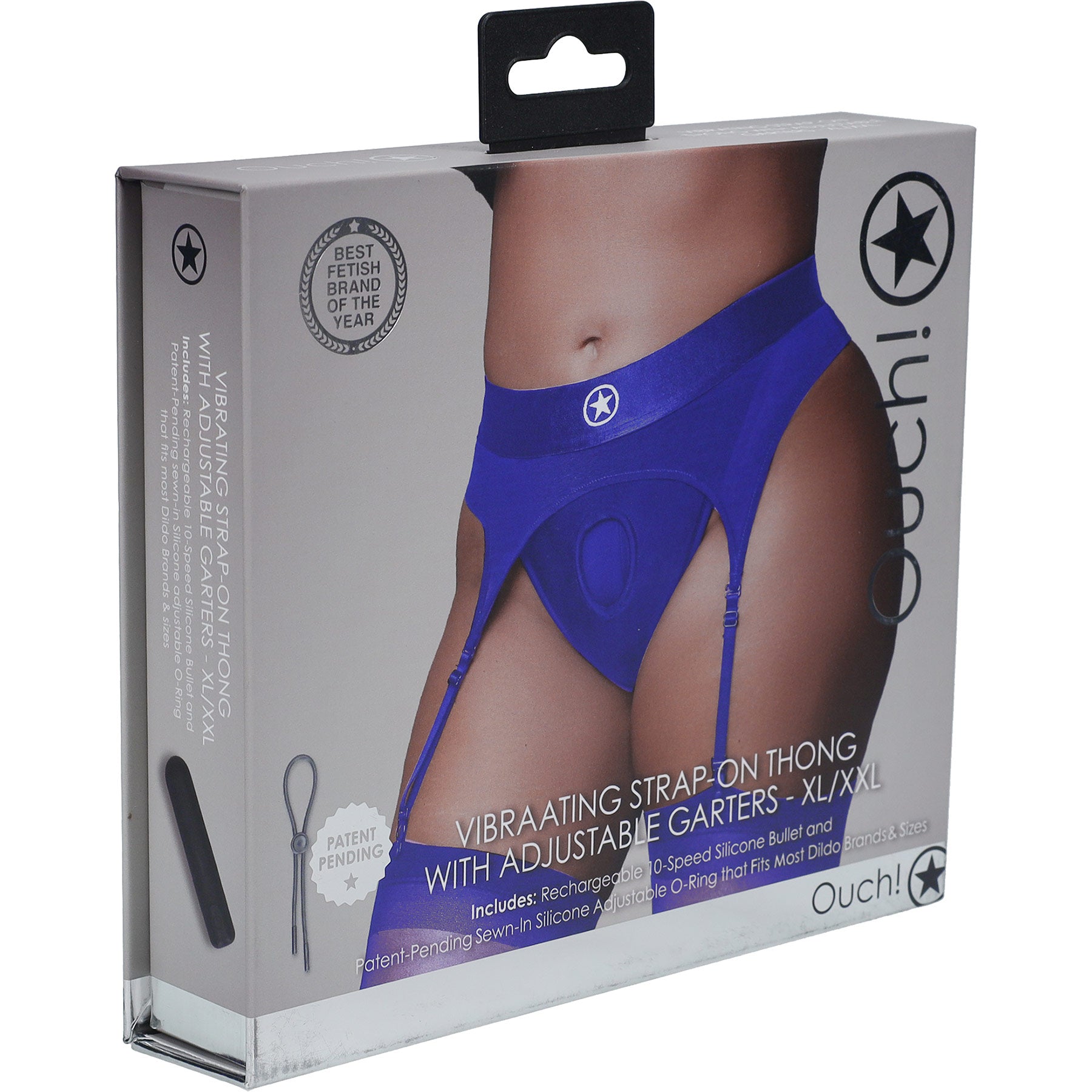 Ouch! Vibrating Strap-On Thong With Adjustable Garters - Front Of Package - Blue