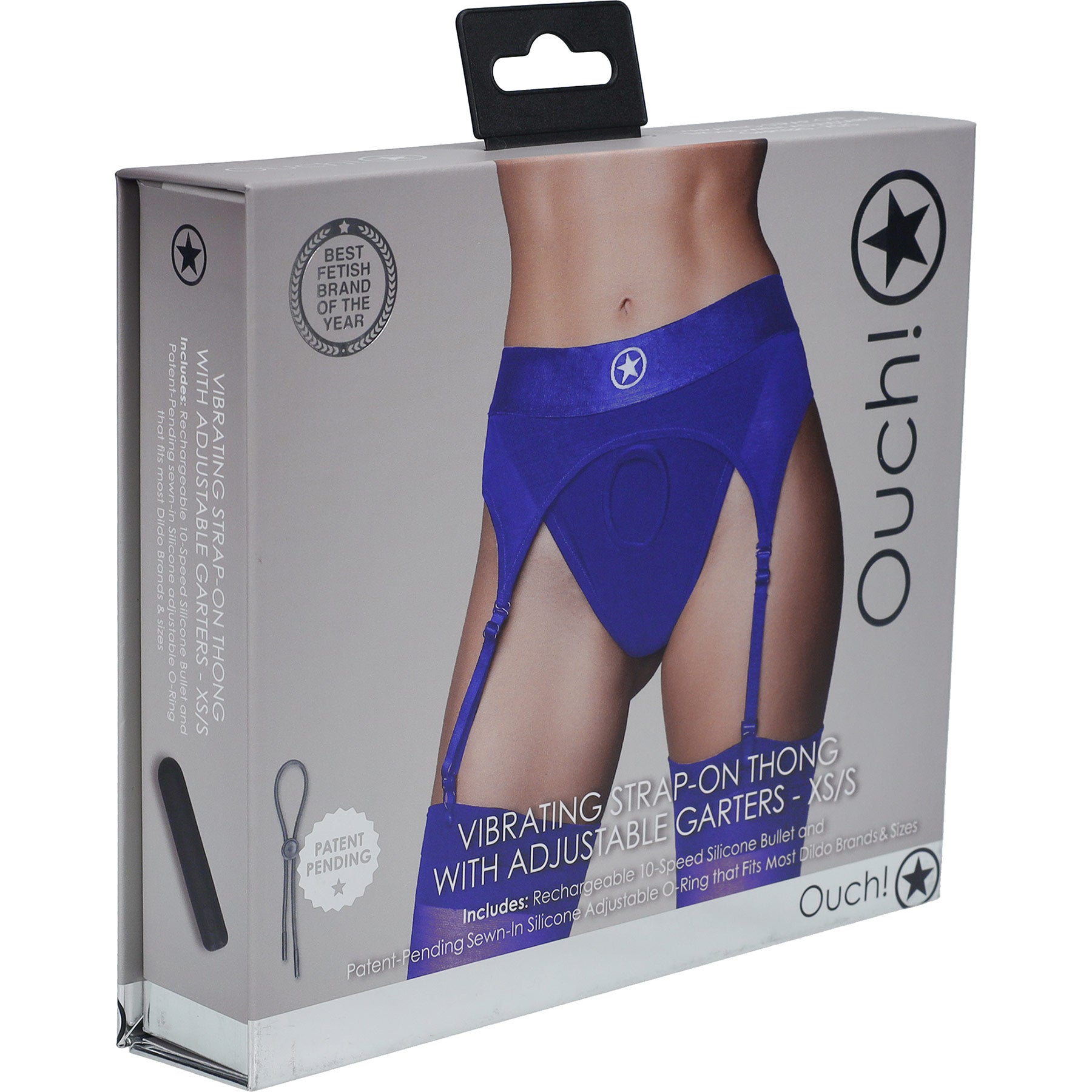 Ouch! Vibrating Strap-On Thong With Adjustable Garters - Front Of Package - Blue