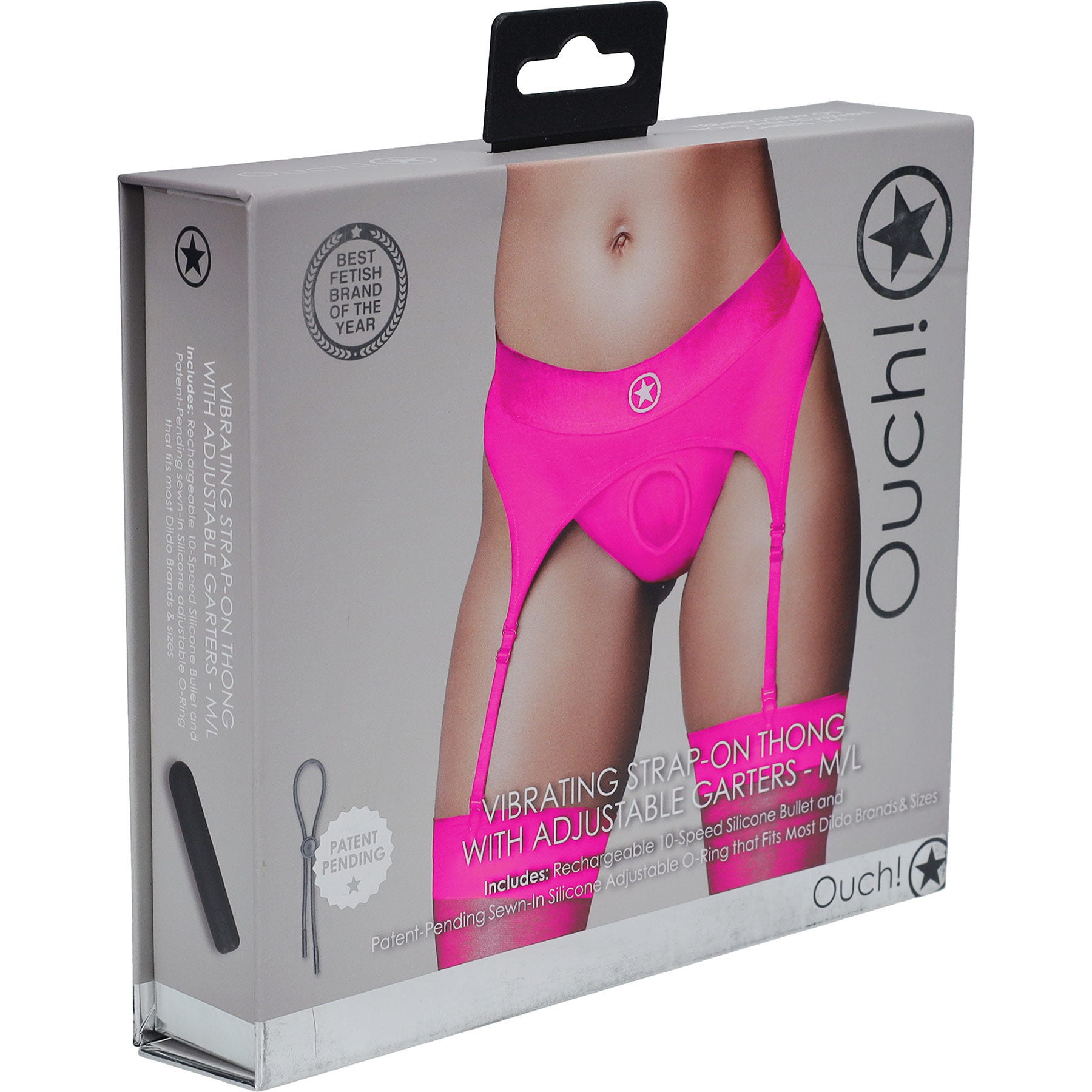 Ouch! Vibrating Strap-On Thong With Adjustable Garters - Front Of Package - Pink