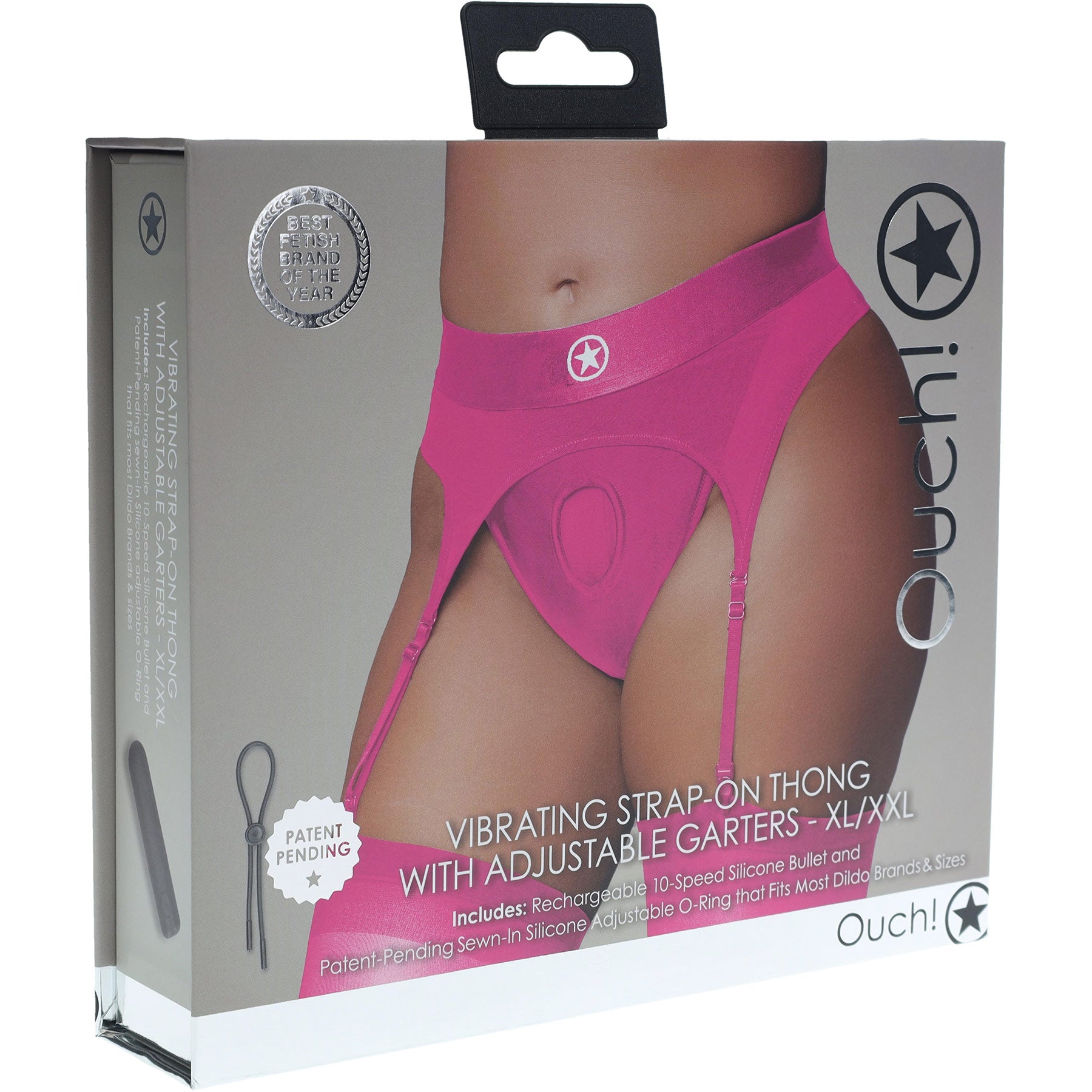 Ouch! Vibrating Strap-On Thong With Adjustable Garters - Front Of Package - Pink