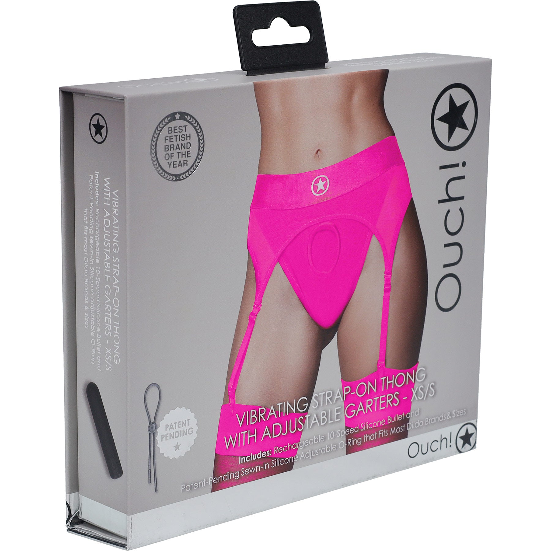 Ouch! Vibrating Strap-On Thong With Adjustable Garters - Front Of Package - Pink