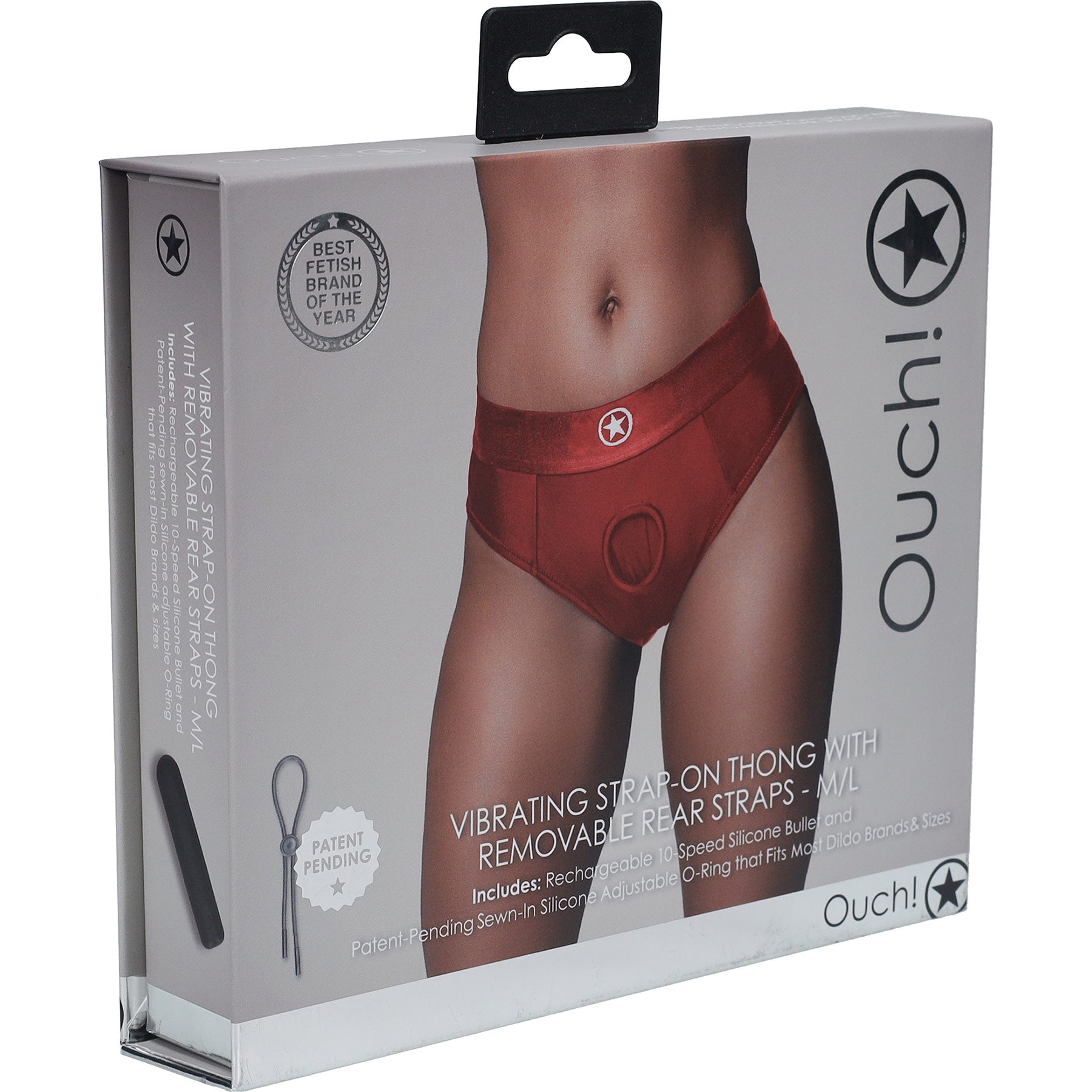 Ouch! Vibrating Strap-On Thong With Removable Rear Straps - Front Of Package - Red