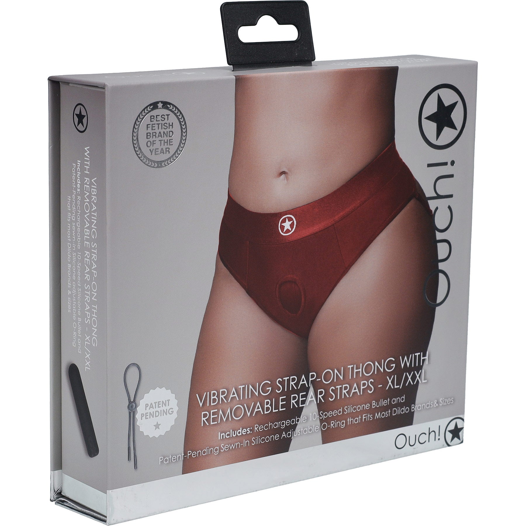 Ouch! Vibrating Strap-On Thong With Removable Rear Straps - Front Of Package - Red
