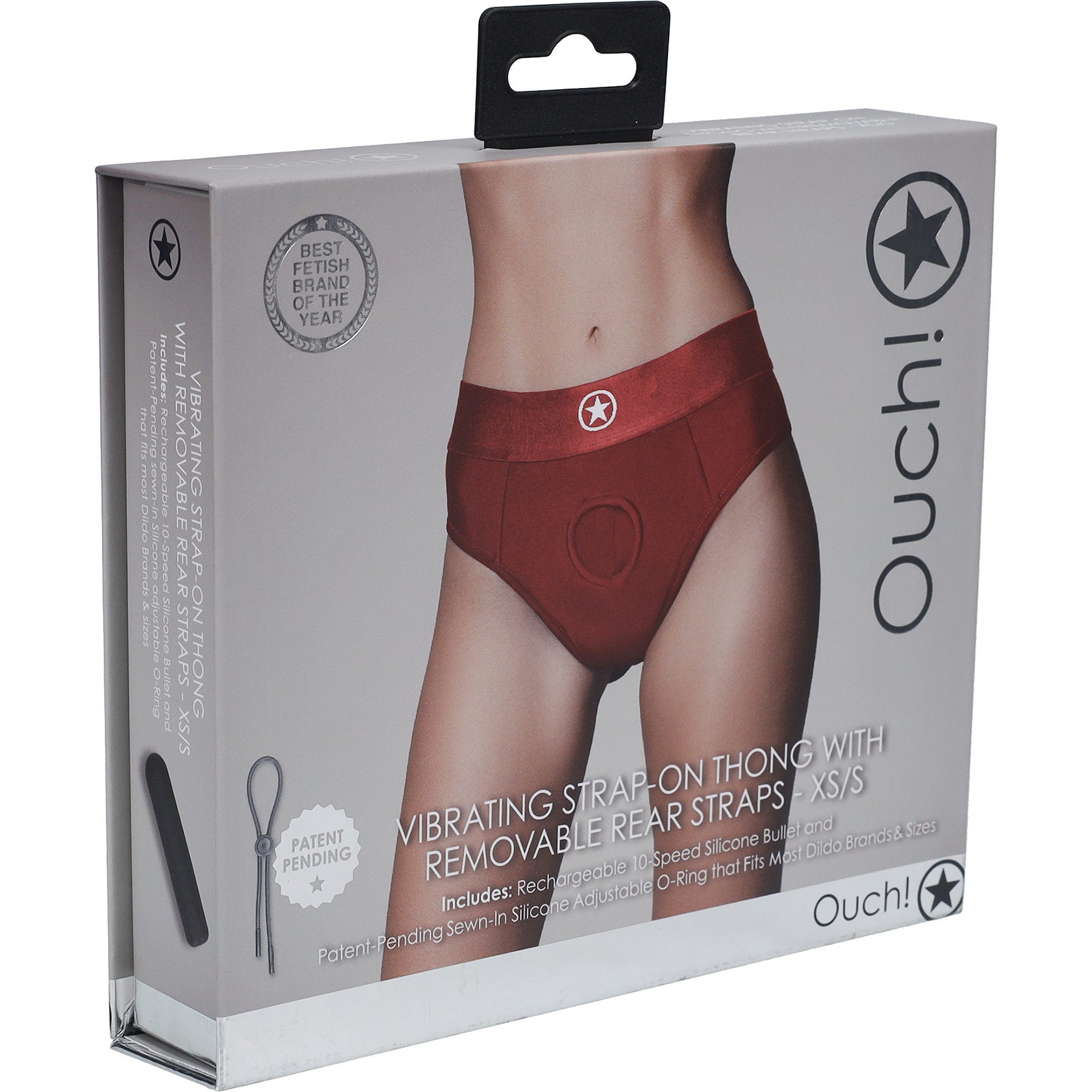 Ouch! Vibrating Strap-On Thong With Removable Rear Straps - Front Of Package - Red