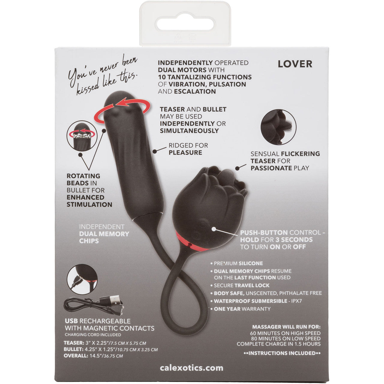 French Kiss Elite Lover Silicone Rotating Bullet Vibrator & Flickering Tongue Clitoral Stimulator By CalExotics - Black