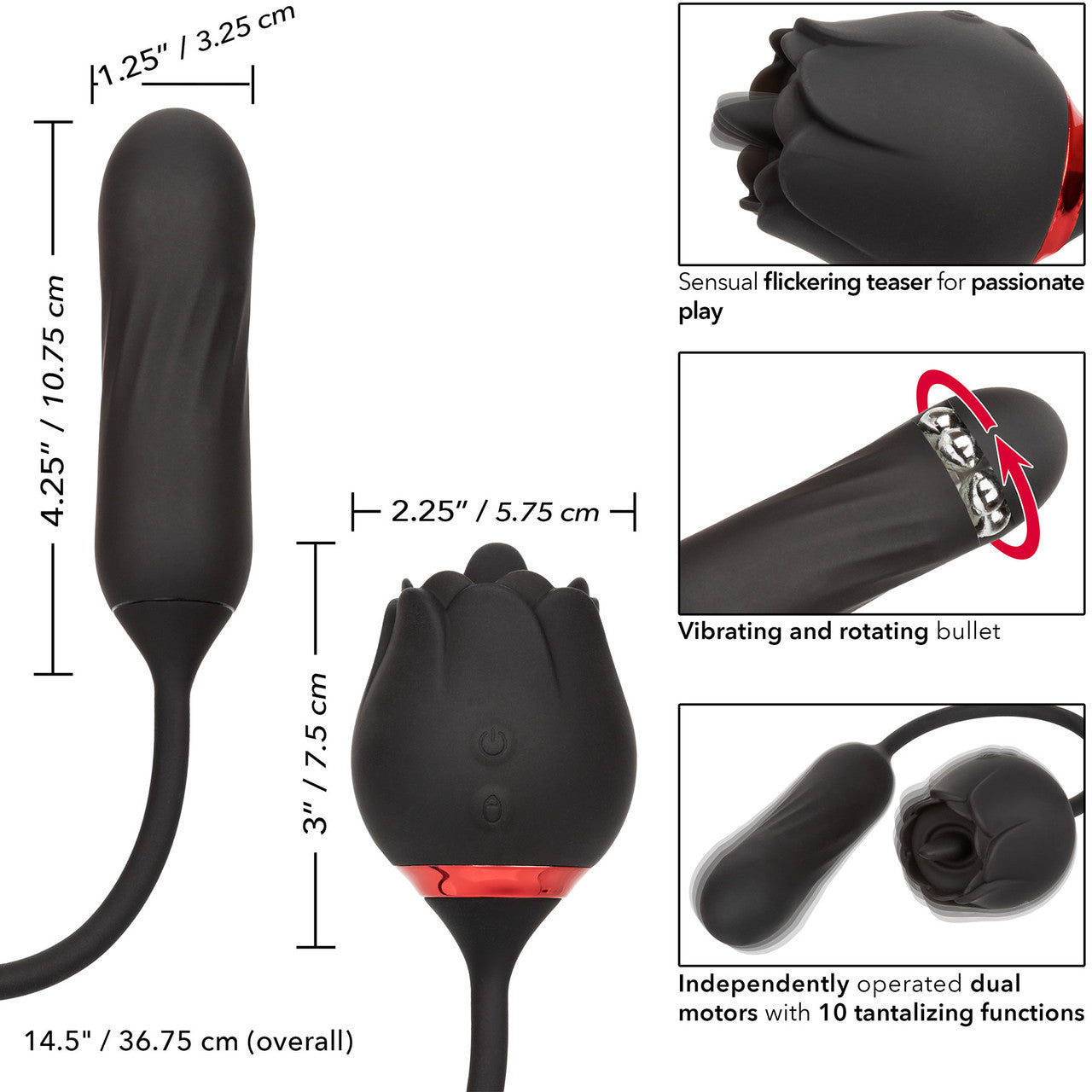 French Kiss Elite Lover Silicone Rotating Bullet Vibrator & Flickering Tongue Clitoral Stimulator By CalExotics - Black