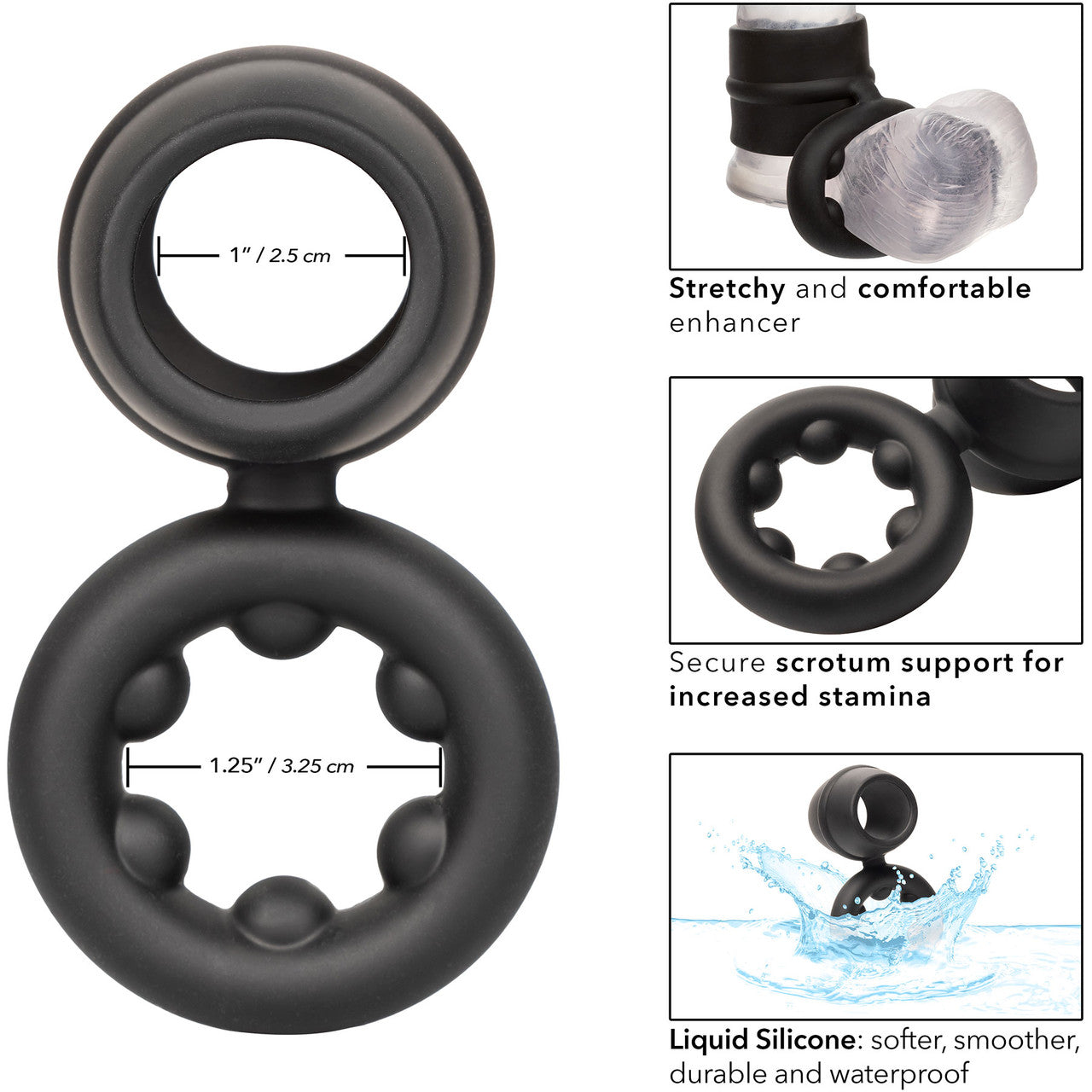 Alpha Liquid Silicone Dual Support Magnum Cock & Balls Ring By CalExotics - Black