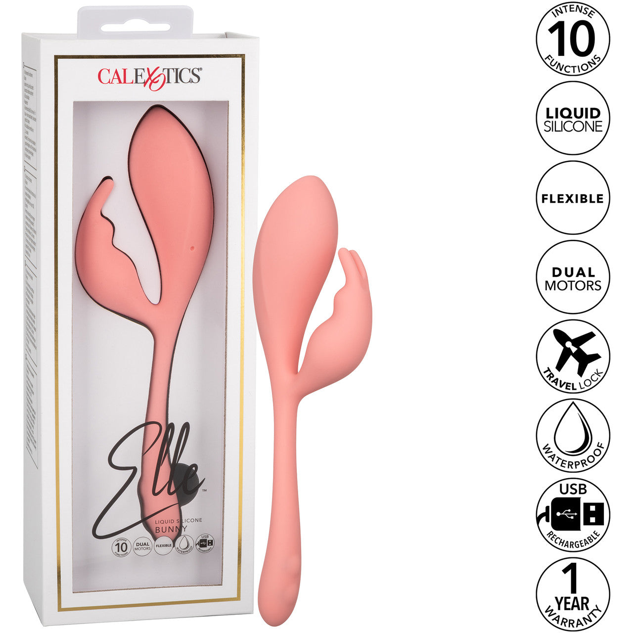 Elle Liquid Silicone Bunny Rechargeable Waterproof Dual Stimulation Vibrator By CalExotics - Orange