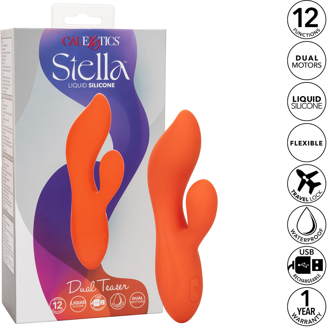 Stella Liquid Silicone Dual Teaser Rechargeable Waterproof Rabbit Style Vibrator By CalExotics - Orange