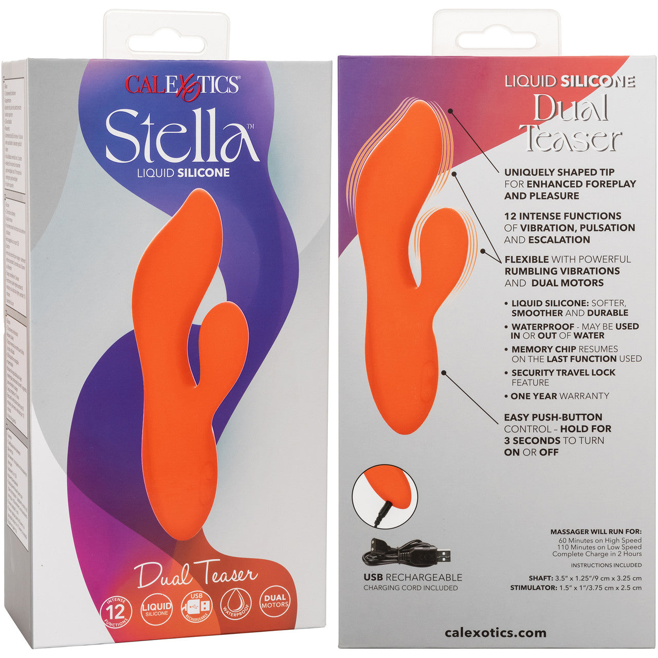 Stella Liquid Silicone Dual Teaser Rechargeable Waterproof Rabbit Style Vibrator By CalExotics - Orange