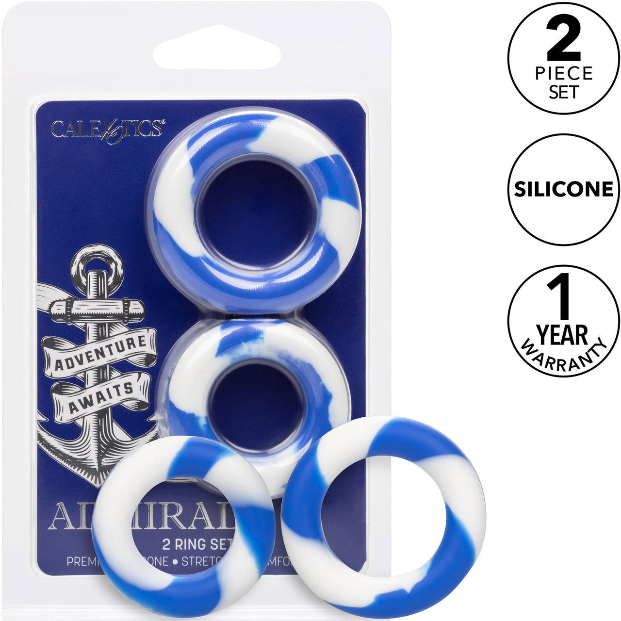 Admiral Silicone 2-Piece Cock Ring Set - Blue & White