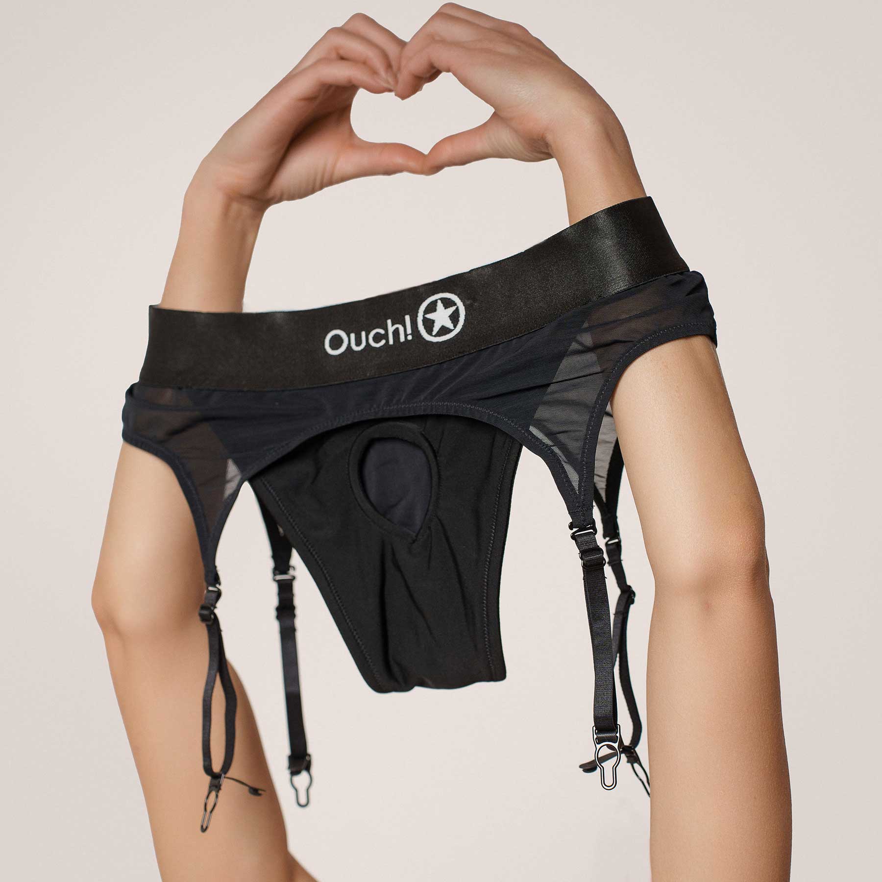 Ouch! Vibrating Strap-On Thong With Adjustable Garters - Lifestyle 2