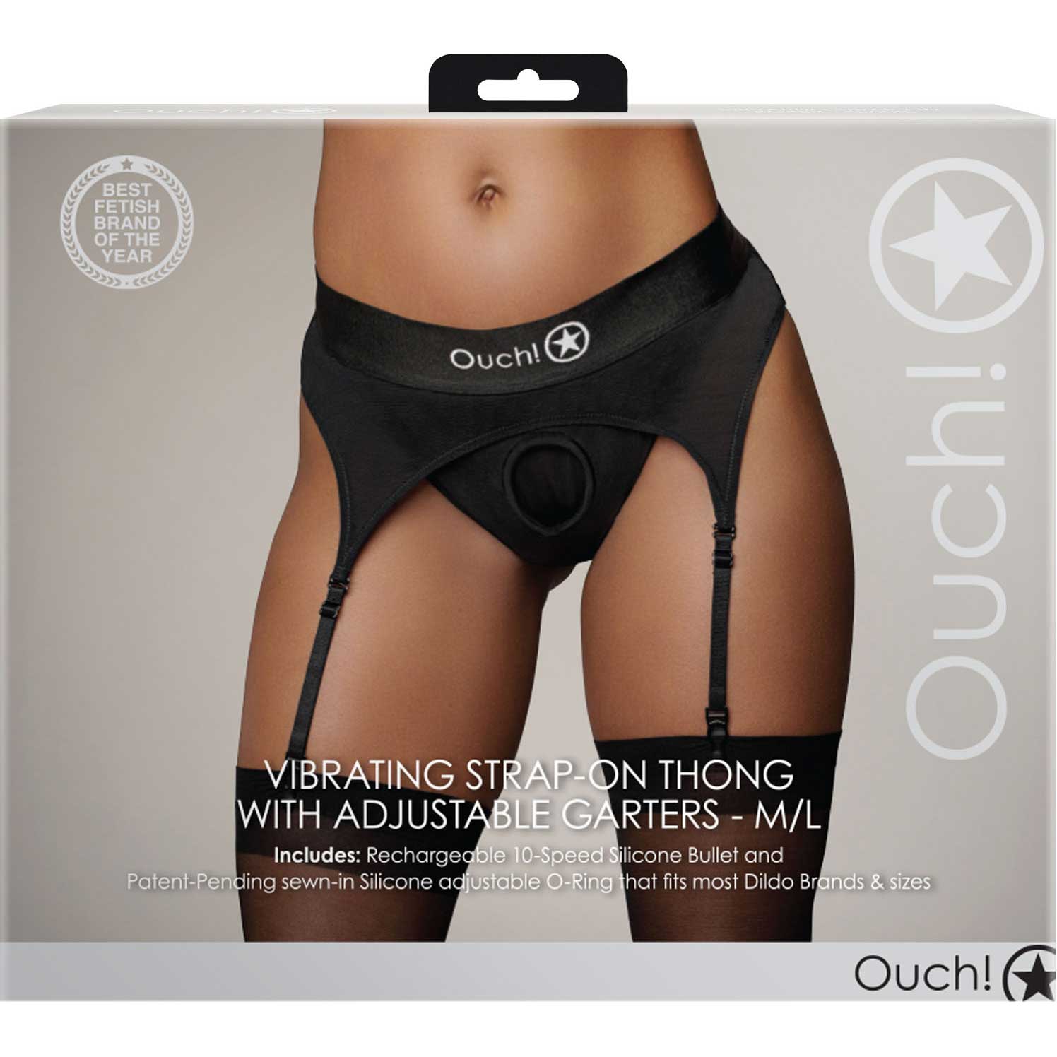 Ouch! Vibrating Strap-On Thong With Adjustable Garters - Front Of Package - Black