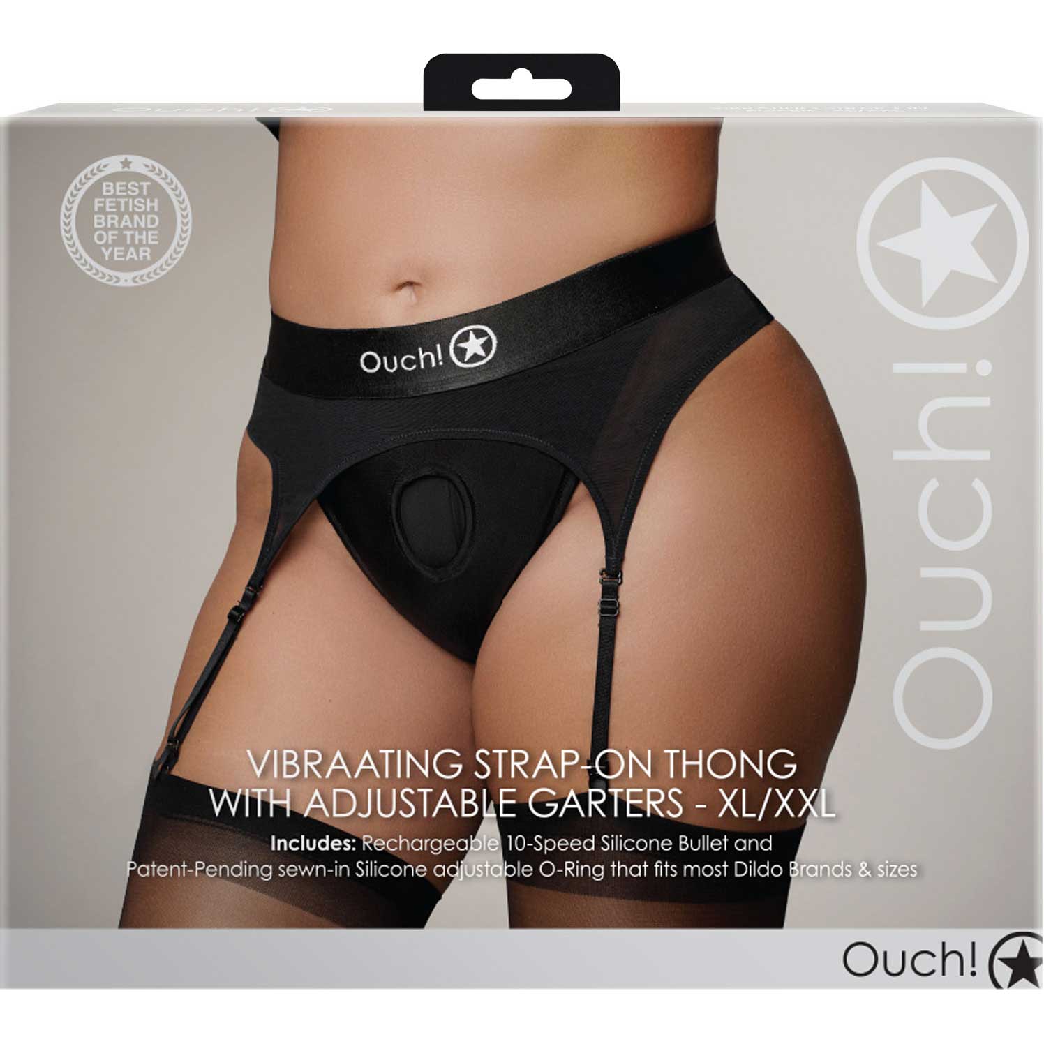 Ouch! Vibrating Strap-On Thong With Adjustable Garters - Front Of Package - Black