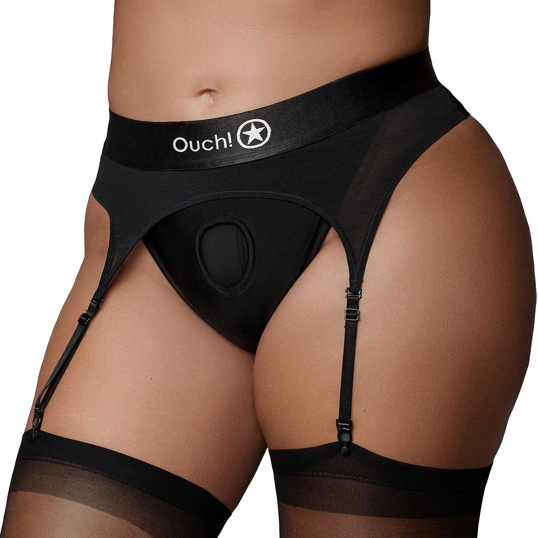 Ouch! Vibrating Strap-On Thong With Adjustable Garters - Black