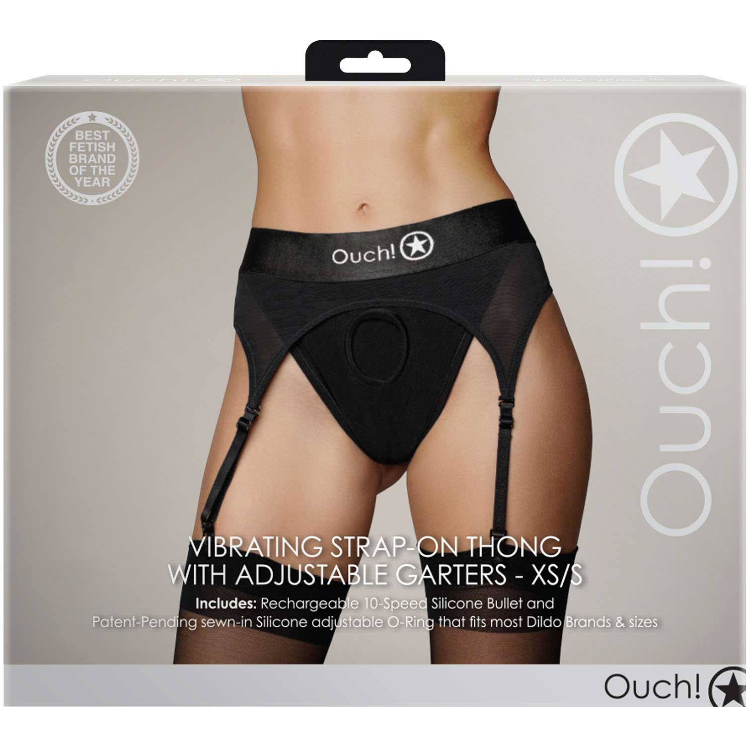 Ouch! Vibrating Strap-On Thong With Adjustable Garters - Front Of Package - Black