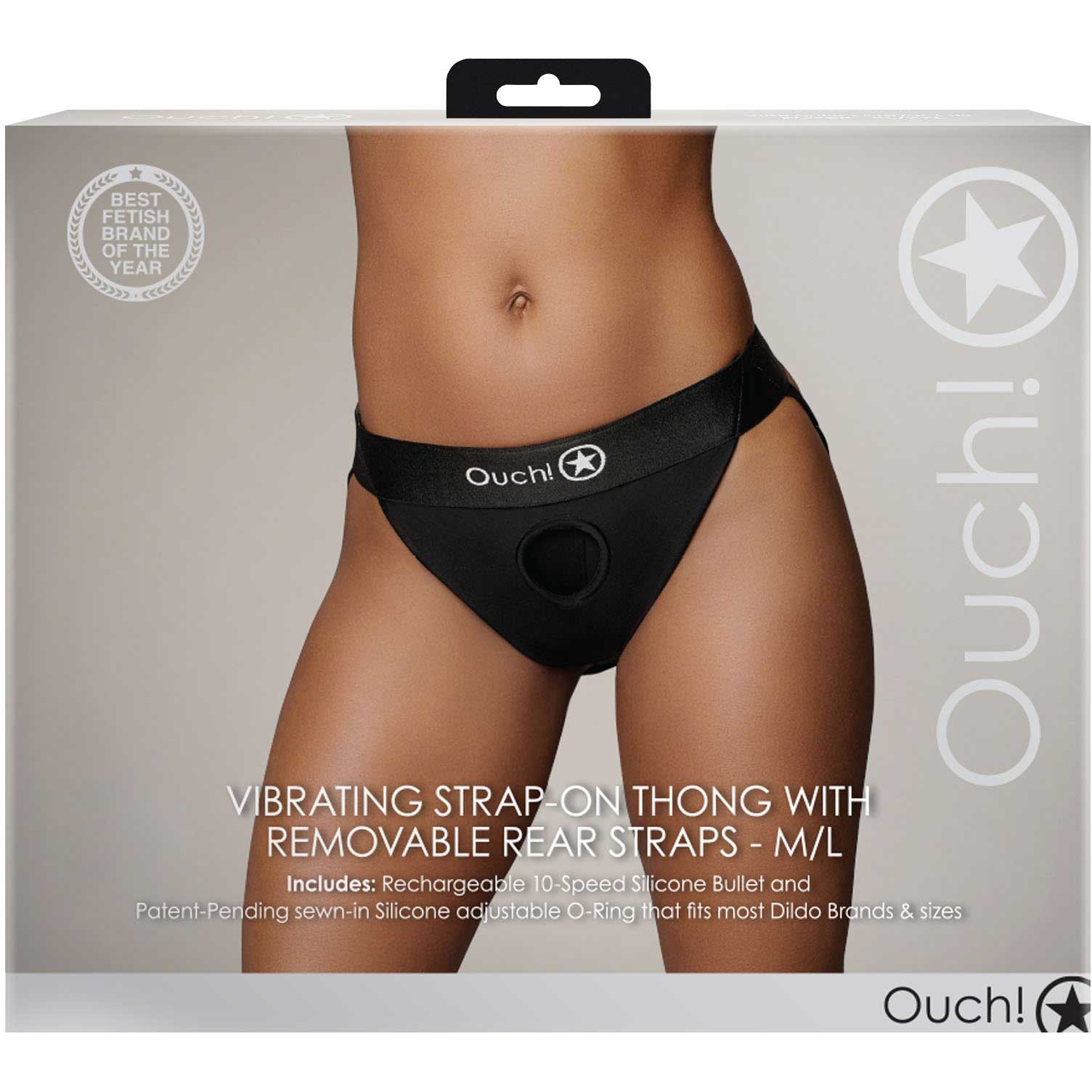 Ouch! Vibrating Strap-On Thong With Removable Rear Straps - Front Of Package - Black