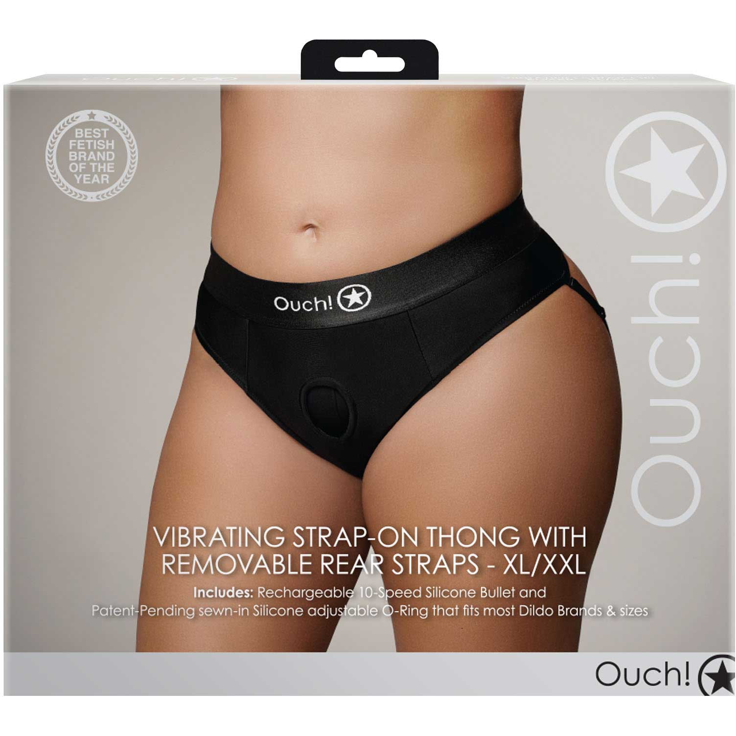 Ouch! Vibrating Strap-On Thong With Removable Rear Straps - Front Of Package - Back