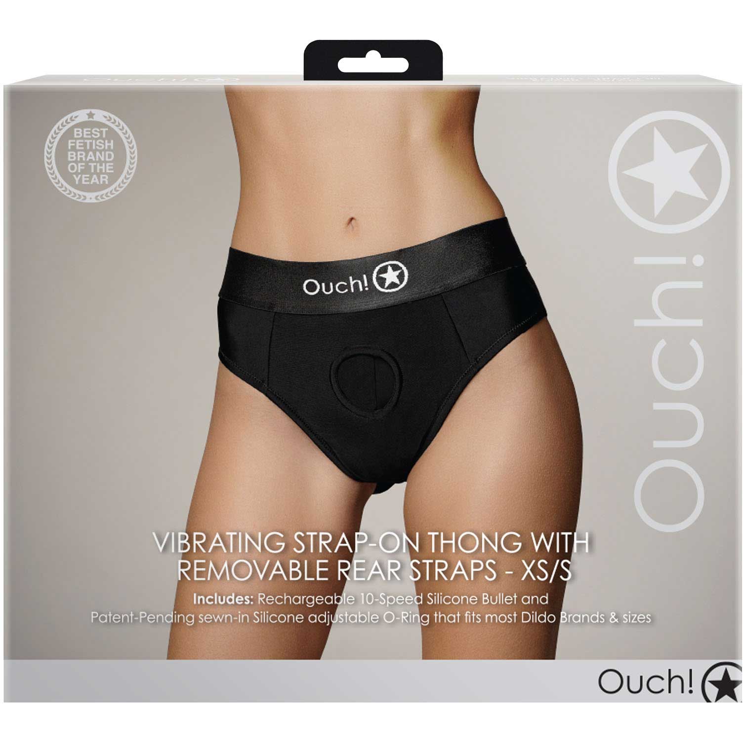 Ouch! Vibrating Strap-On Thong With Removable Rear Straps - Front Of Package - Black