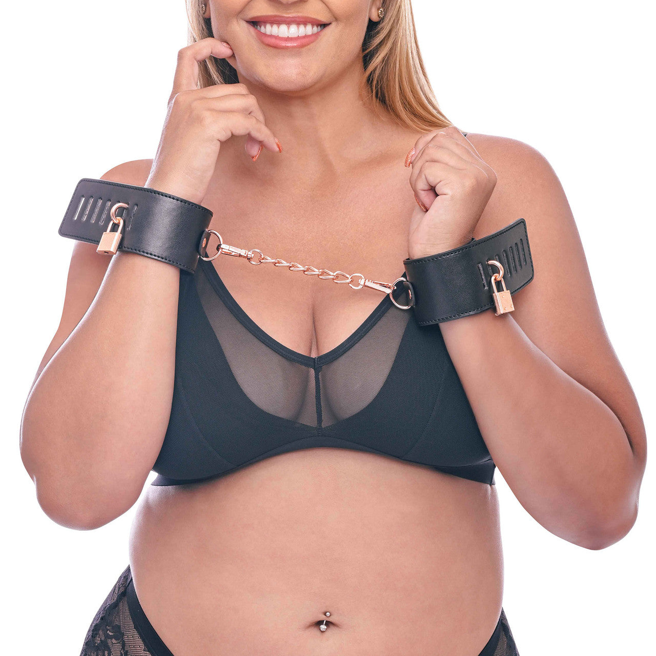 Sex & Mischief Brat Locking Cuffs Set By Sportsheets - Rose Gold & Black