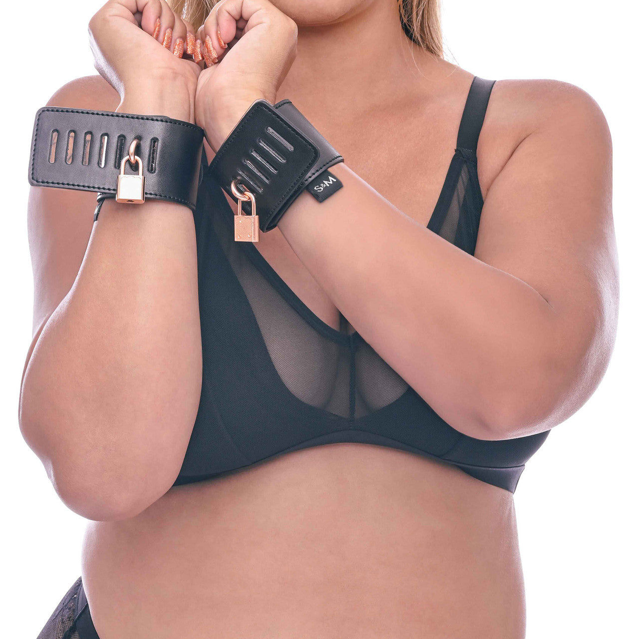 Sex & Mischief Brat Locking Cuffs Set By Sportsheets - Rose Gold & Black