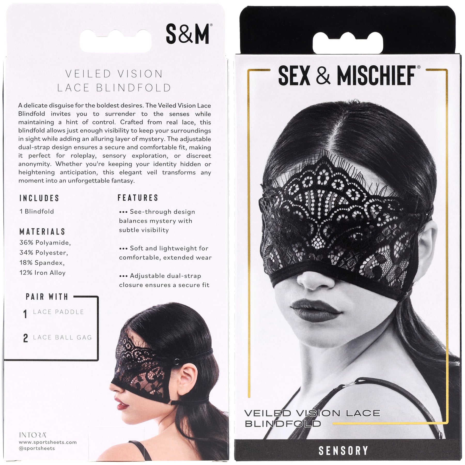 Sex & Mischief Veiled Vision Lace Blindfold packaging with product and brand details.