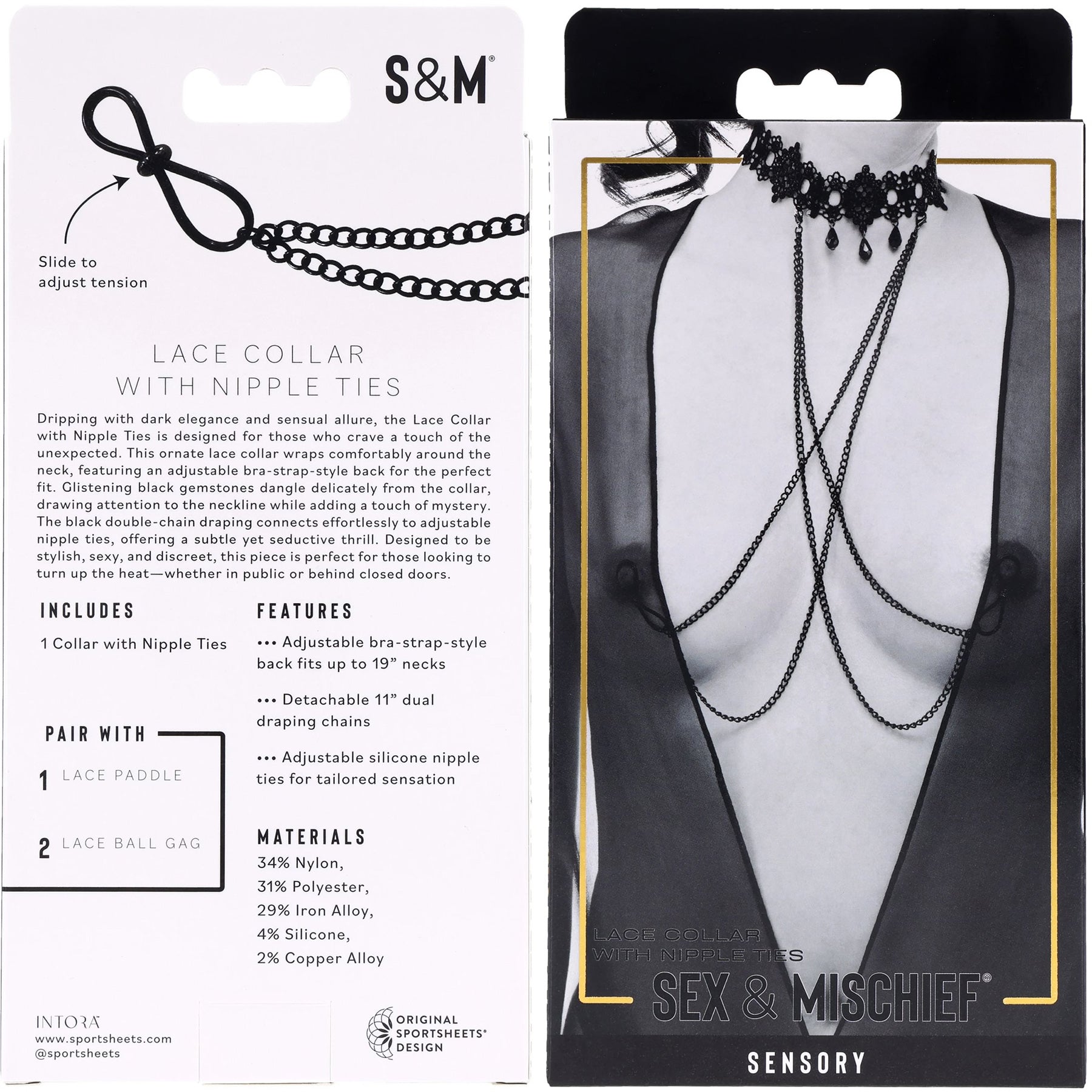 Sex & Mischief lace collar packaging with product details and model wearing it.