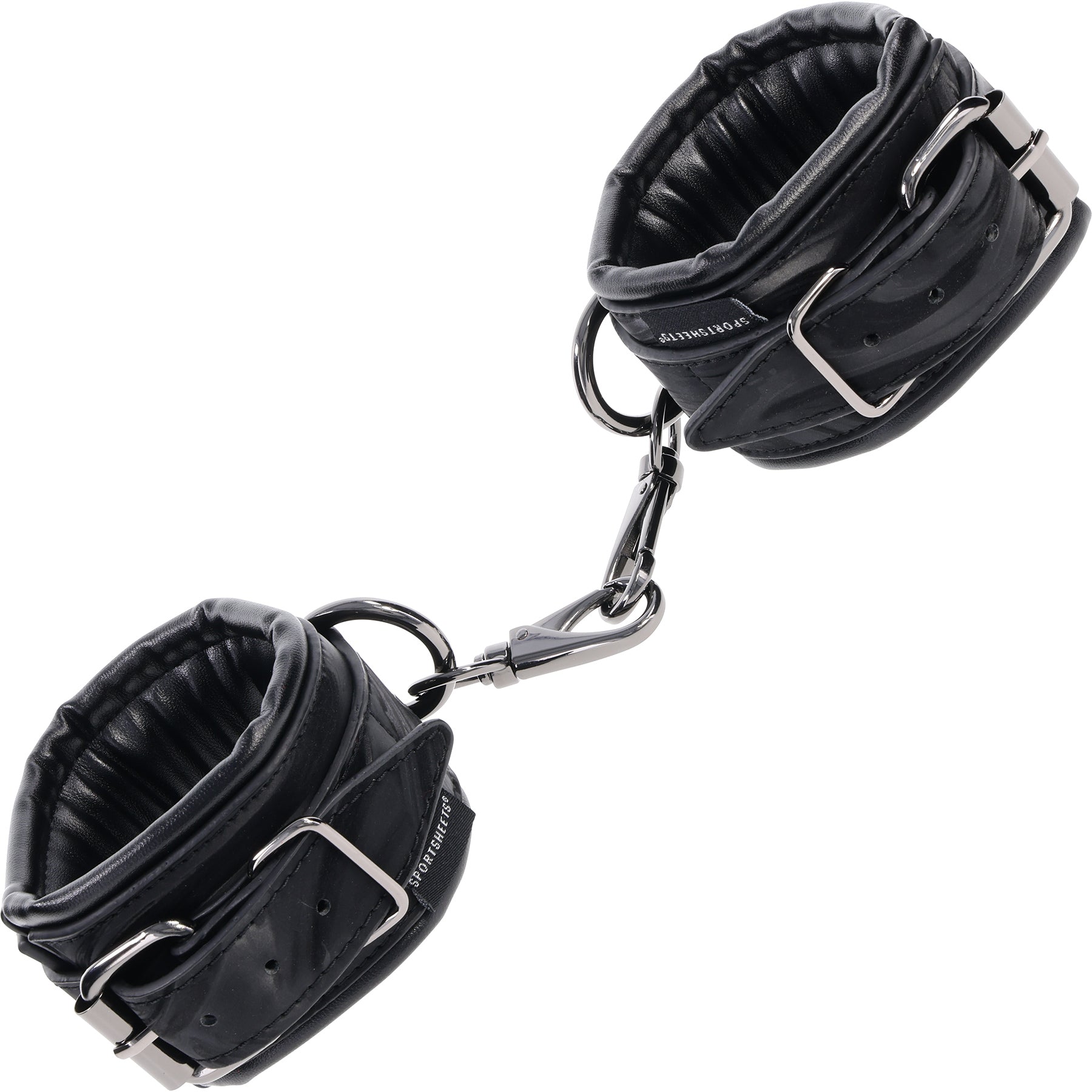 Black leather handcuffs with metal clasps on a white background