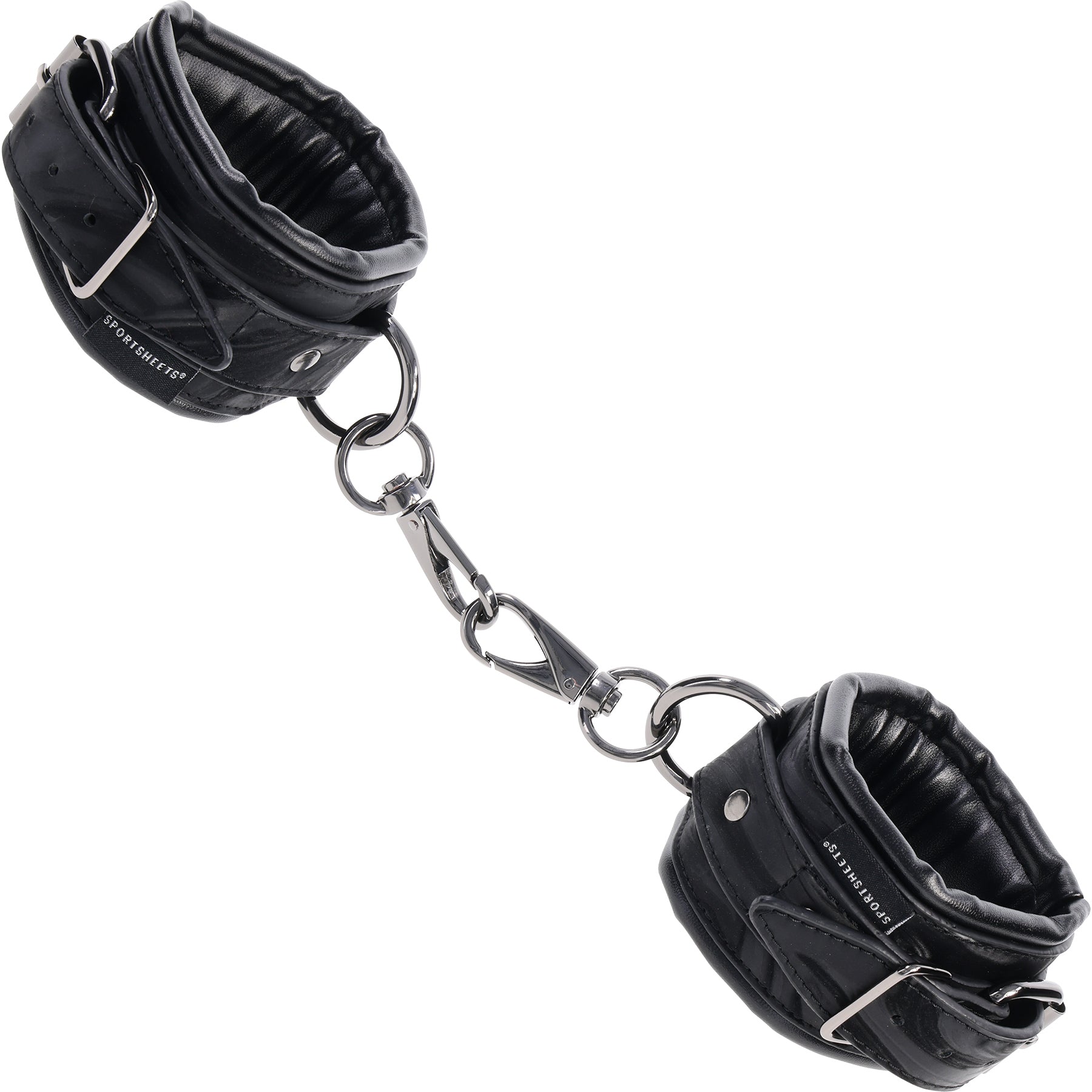 Pair of black leather handcuffs with a chain on a white background