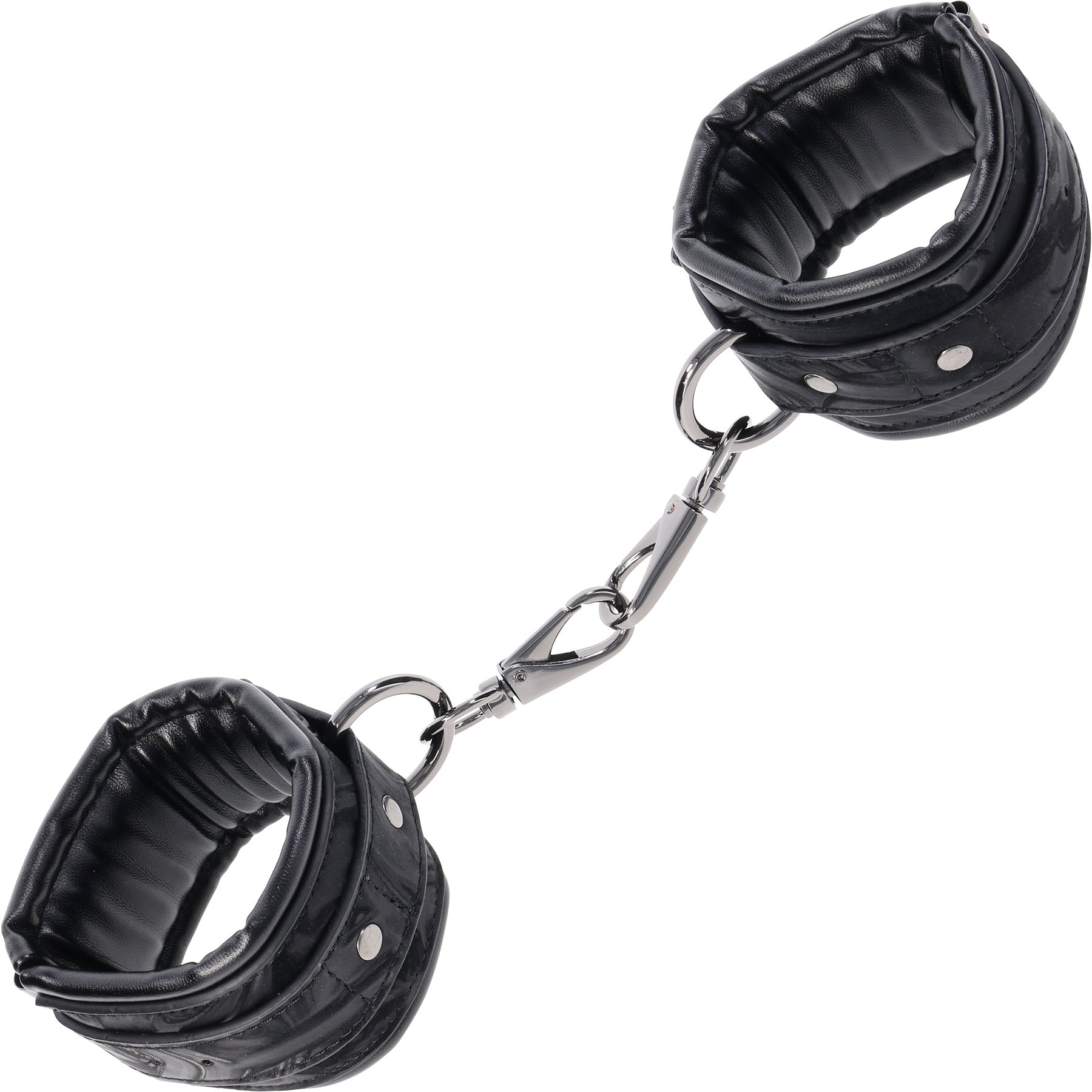 Black leather cuffs with metal chain on a white background