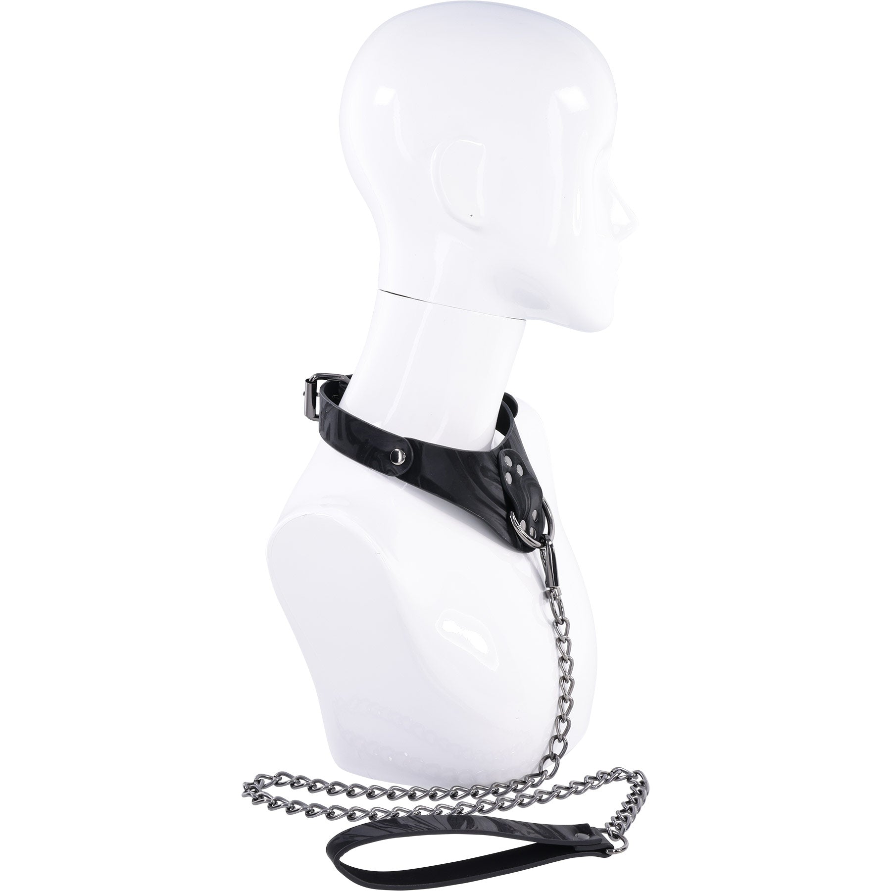 Black leather harness with chain on a white mannequin bust against a white background
