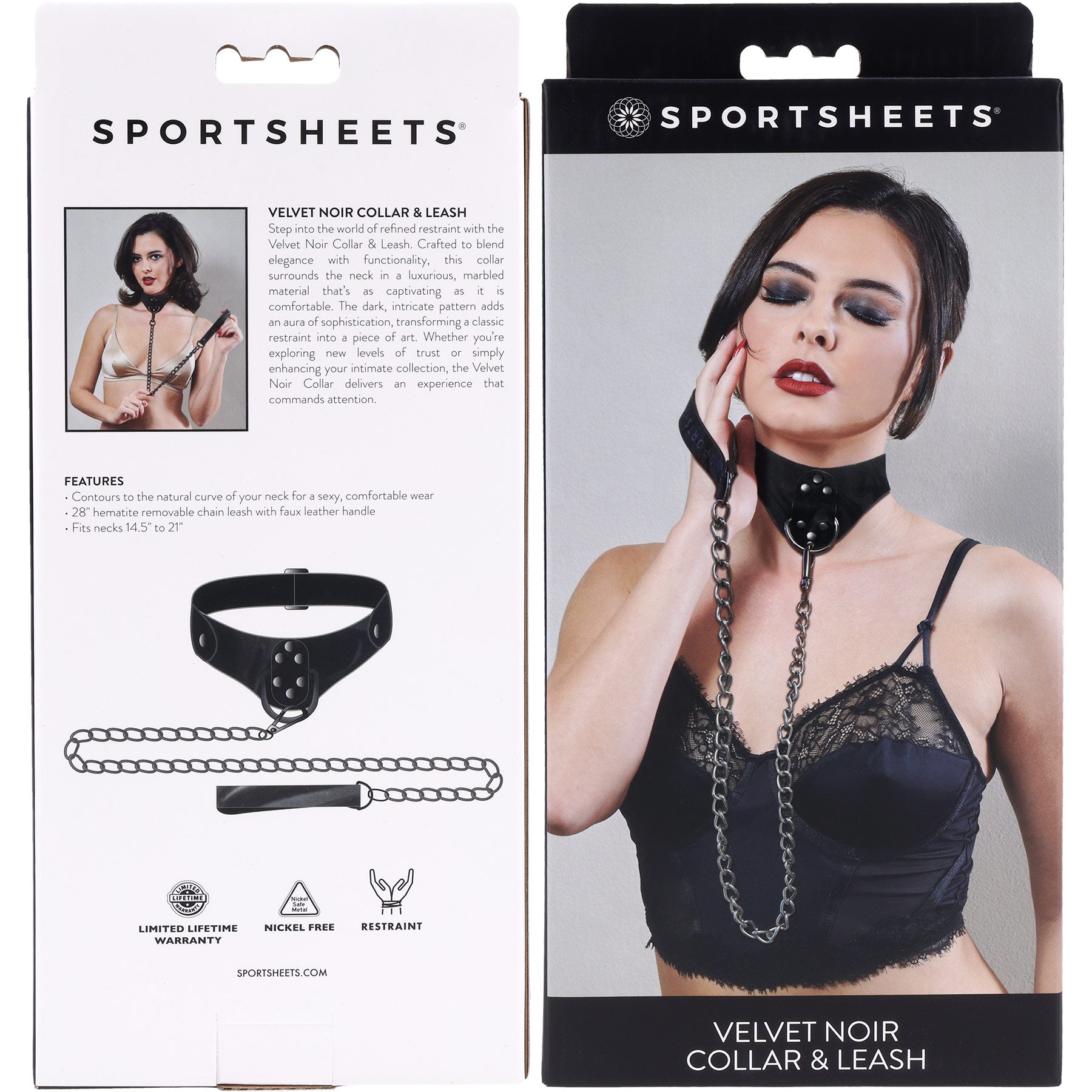 Sportsheets Velvet Noir Collar & Leash packaging with model wearing the product