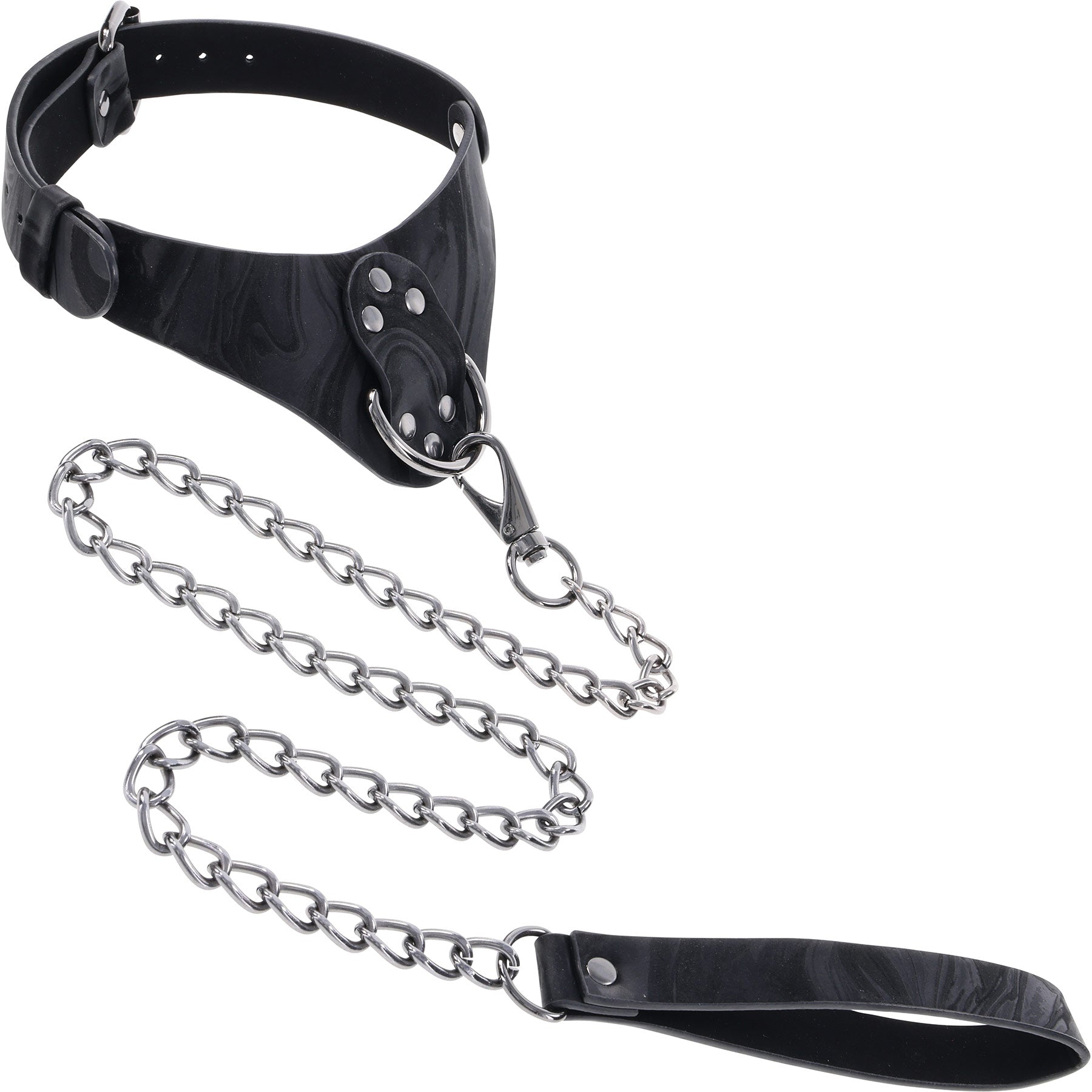 Black leather collar with metal chain on a white background
