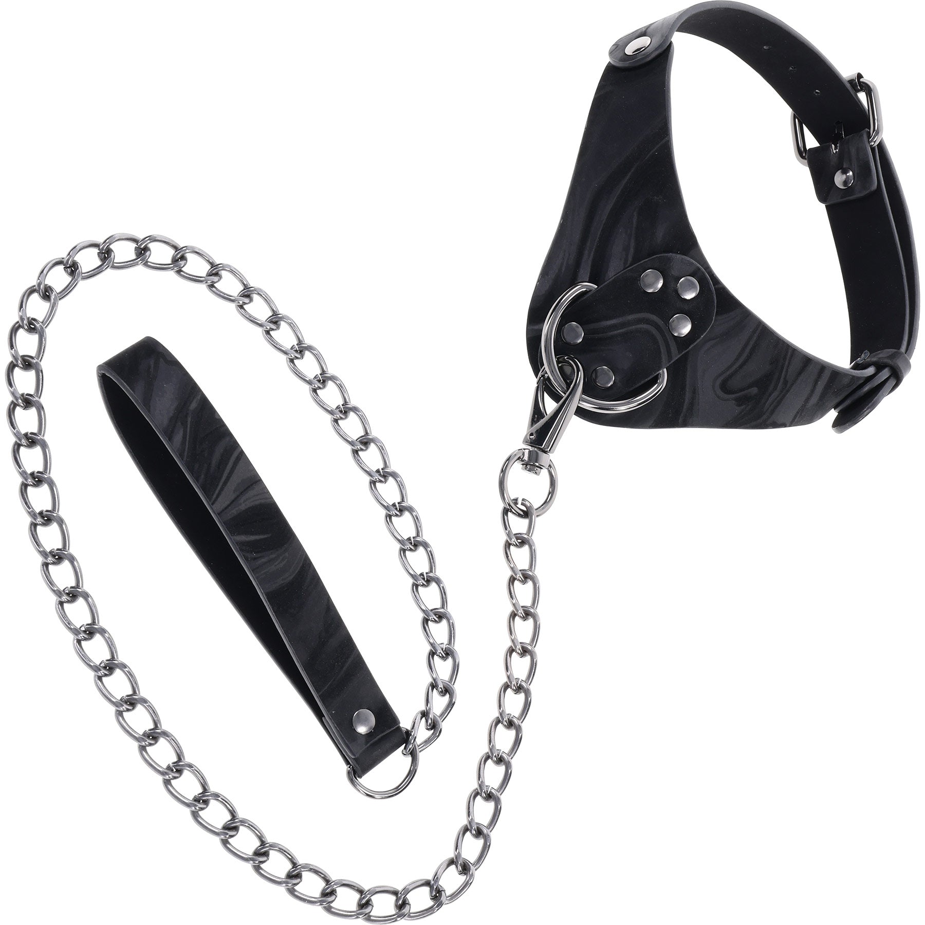 Black leather collar with chain on a white background