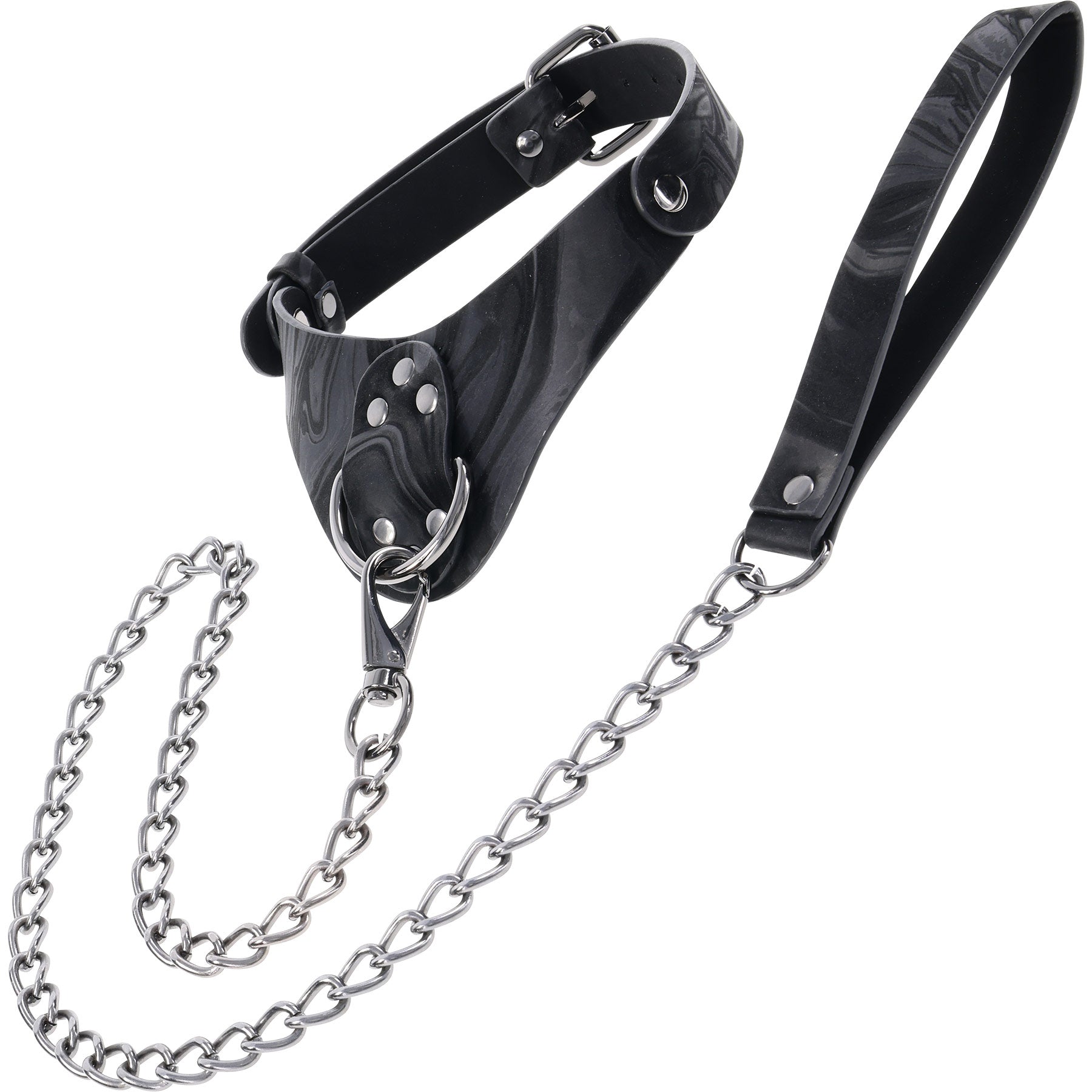 Black leather collar with metal chain on a white background
