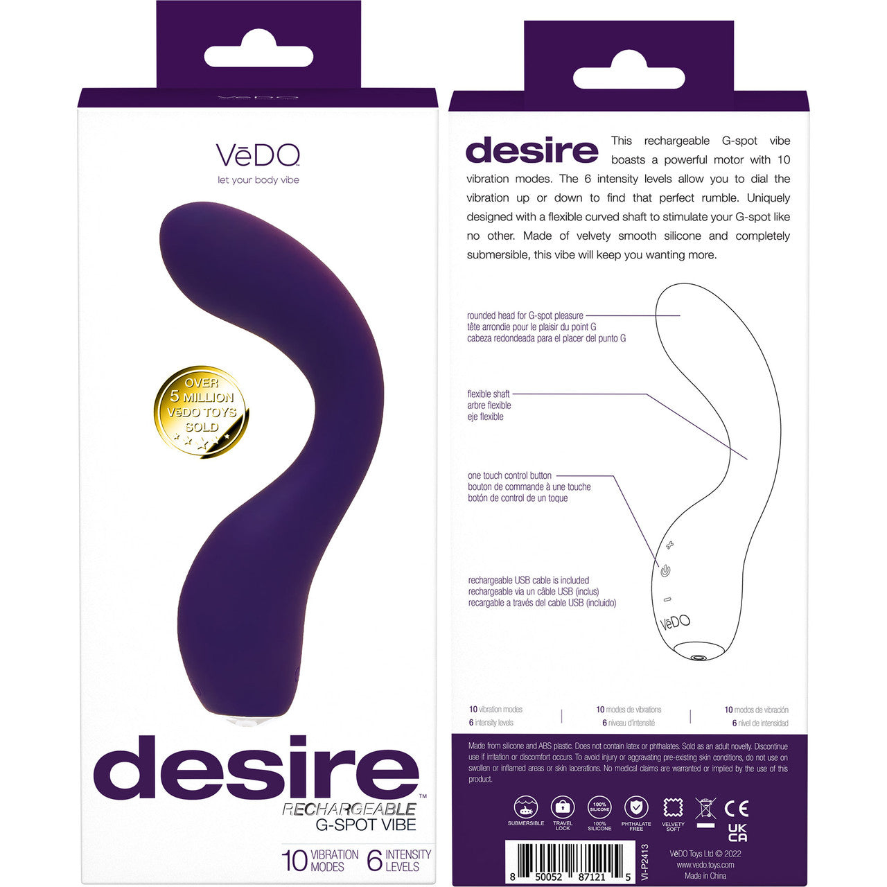 DESIRE Rechargeable Waterproof Silicone Flexible G-Spot Vibrator By VeDO - Purple