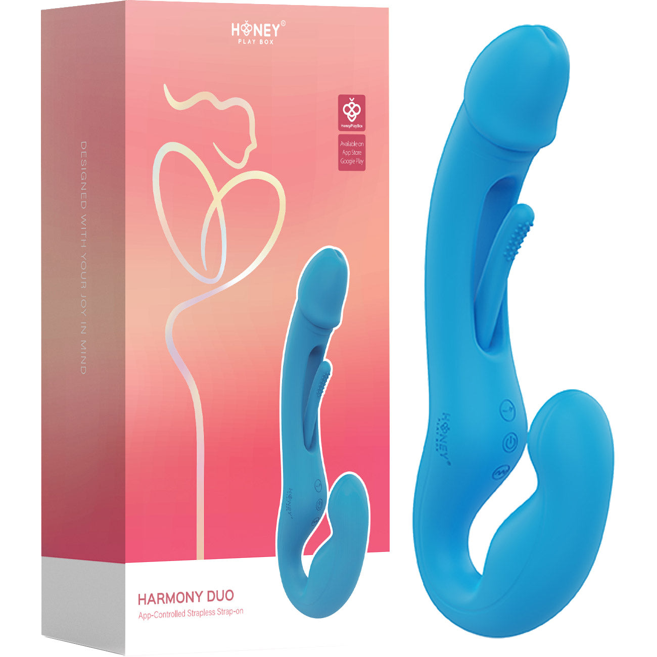 Honey Play Box Harmony Duo App Enabled Tapping Finger Silicone Strapless Strap-On - Blue