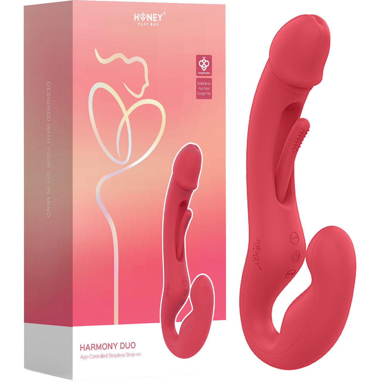 Honey Play Box Harmony Duo App Enabled Tapping Finger Silicone Strapless Strap-On - Red