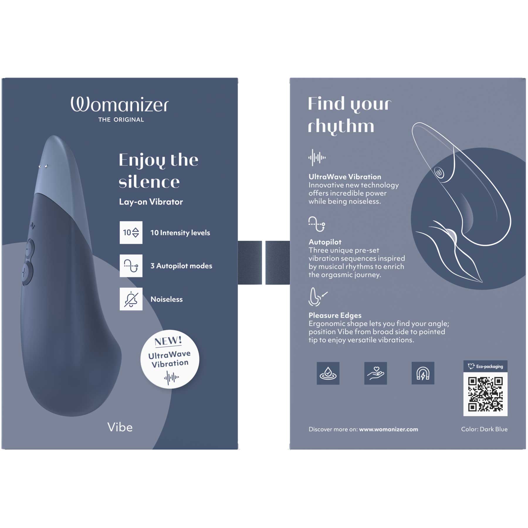 Womanizer Vibe Ultra Quiet Rumbly Silicone Lay-On Vibrator - Dark Blue
