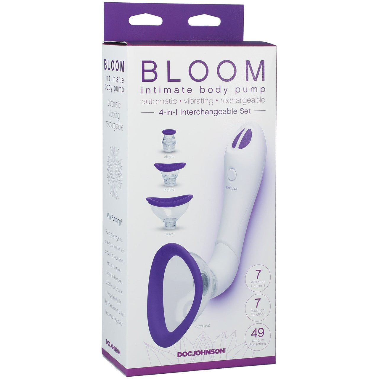 Bloom Automatic Vibrating Rechargeable Intimate Body Pump by Doc Johnson - Purple & White