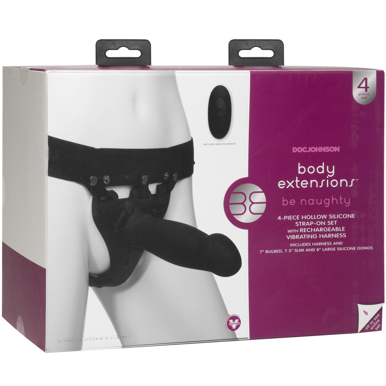 Body Extensions BE Naughty Hollow Vibrating Silicone Strap-On System With 3 Attachments by Doc Johnson 