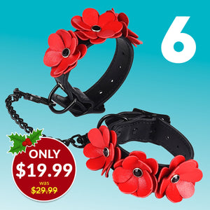 Red Leather Flowers Hand Cuffs By Liebe Seele