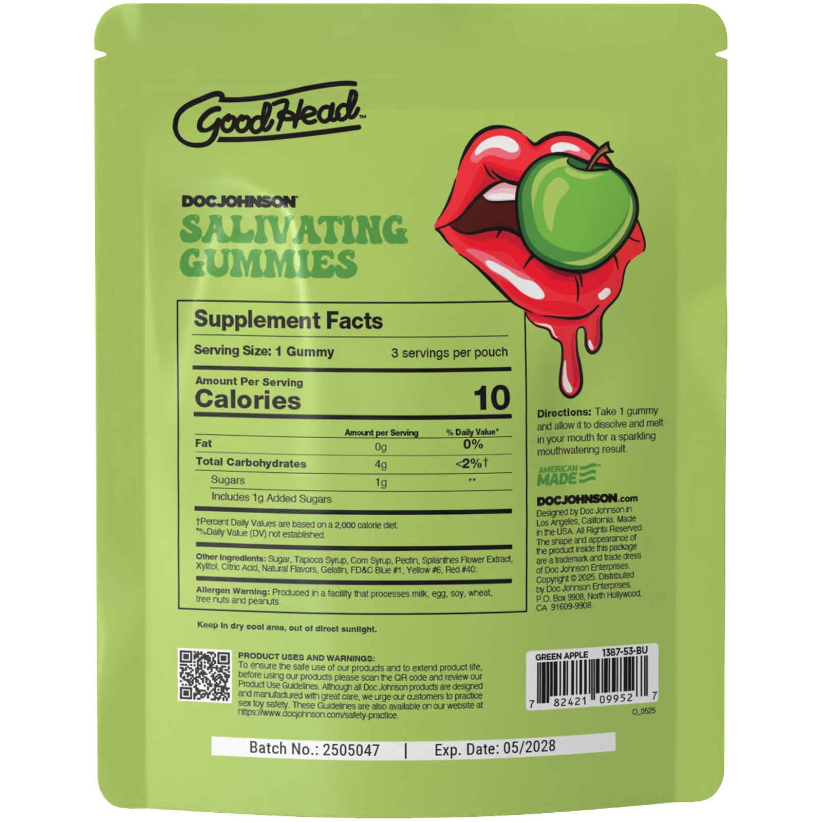 GoodHead Salivating Gummies 3 Piece Pouch By Doc Johnson - Green Apple